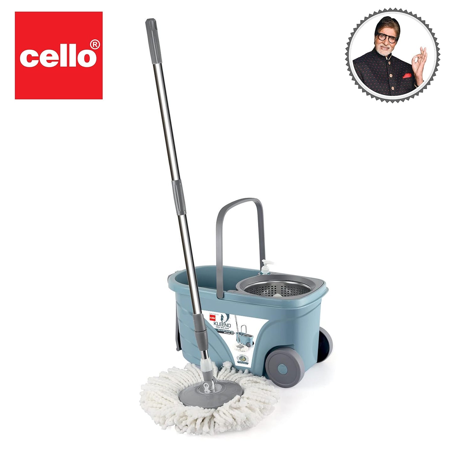 Kleeno by Cello Max Clean Deluxe Stainless Steel Wringer With Big Wheels & Puller Handle, Grey |360° Flexible Mop With 1 Microfiber Refill & Liquid Dispenser|Daily Use Floor Cleaning Pocha With Bucket
