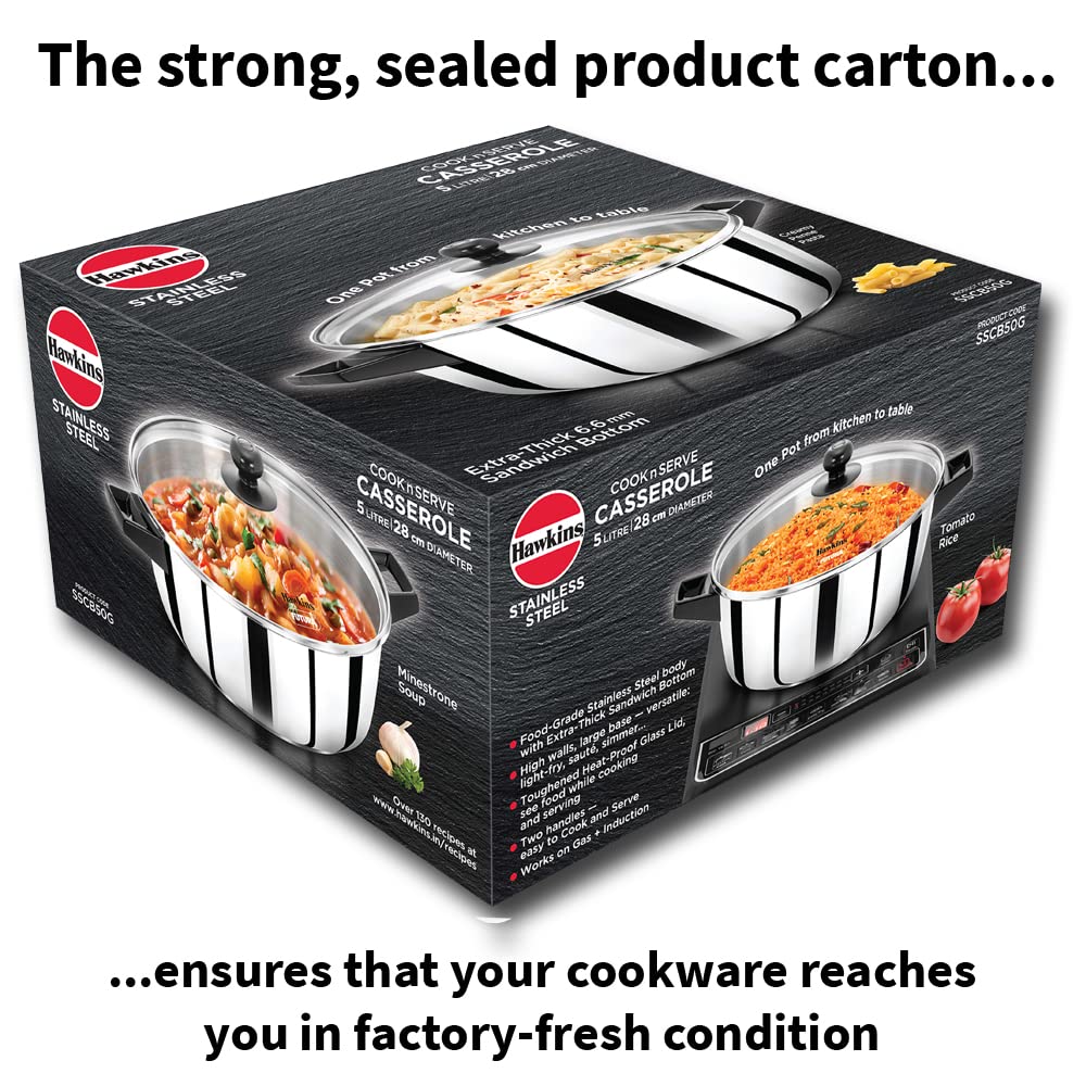 Hawkins 5 Litre Cook n Serve Casserole, Stainless Steel Saucepan with Glass Lid, Induction Pan, Sauce Pan for Cooking and Serving, Black (SSCB50G)