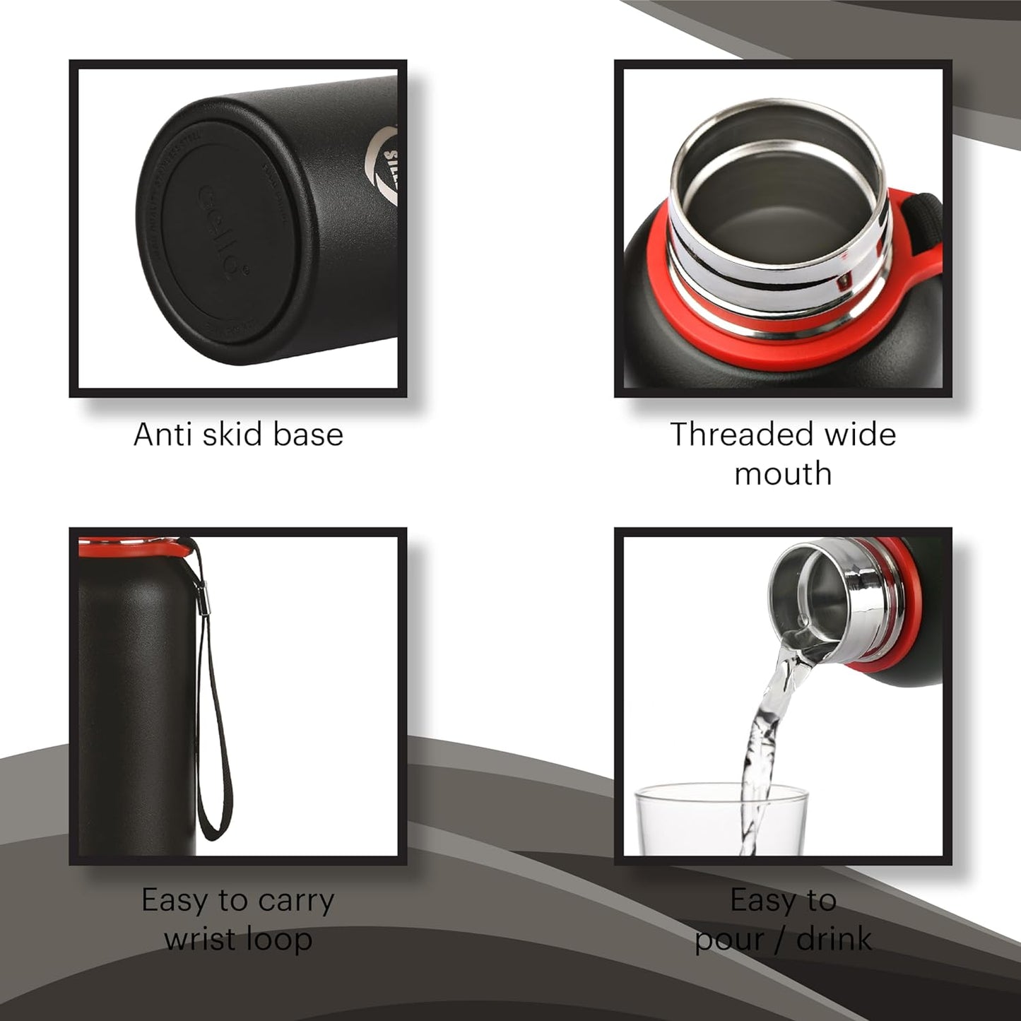 Cello Kent Stainless Steel Flask with DTP Coating, 900ml, Black | Prolonged Hours Hot and Cold Thermosteel Bottle | Flask for tea coffee | Ideal for Office, Gym, Home, Kitchen, Hiking, Travel Bottle