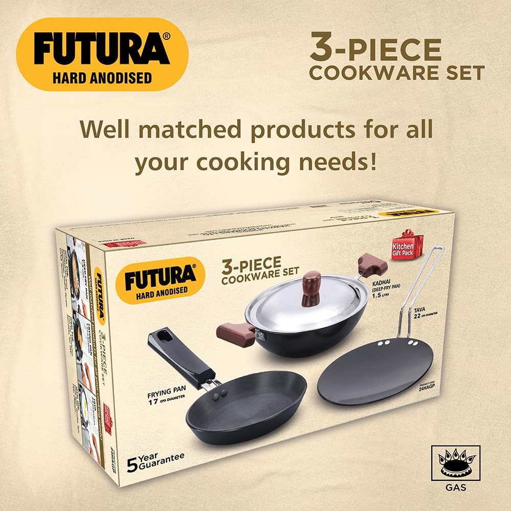 Hawkins Futura 3 Pieces Cookware Gift Set - Hard Anodised Tava, Frying Pan and Kadhai with Stainless Steel Lid, Black (24HAGP)