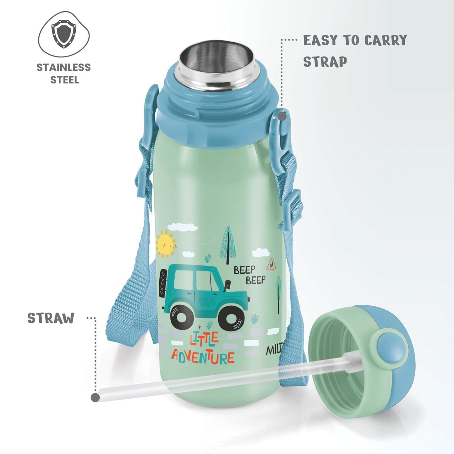 MILTON Torque 450 Car Stainless Steel Kids Water Bottle, 460 ml, Assorted Colours