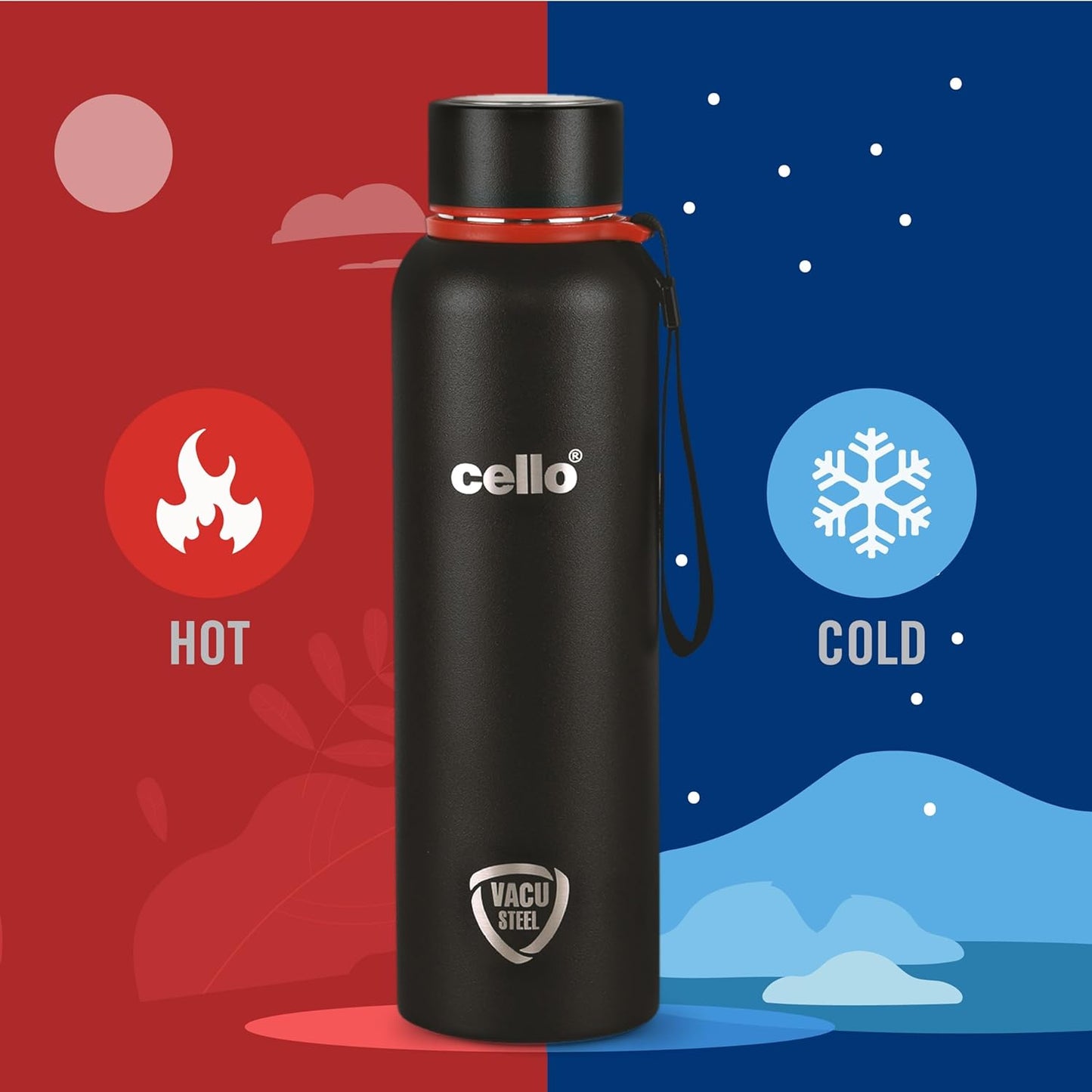 Cello Kent Stainless Steel Flask with DTP Coating, 900ml, Black | Prolonged Hours Hot and Cold Thermosteel Bottle | Flask for tea coffee | Ideal for Office, Gym, Home, Kitchen, Hiking, Travel Bottle