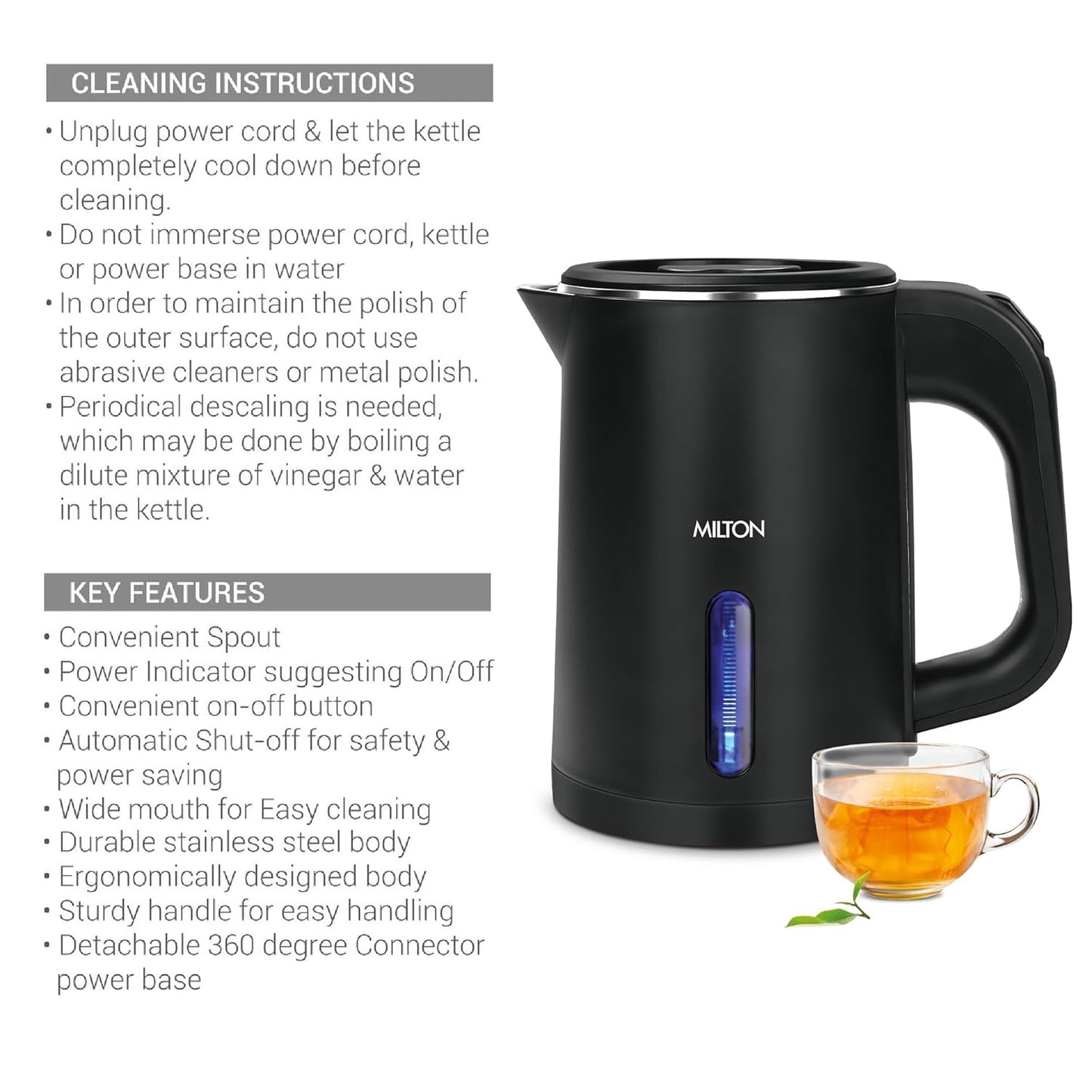 Milton Companion Electric Kettle 0.8L,1Pc,Black | Power Indicator | 1000 Watts | Double Walled | Auto Cut-off | Detachable 360 Degree Connector | Cool Tough Body | Cordless Pot