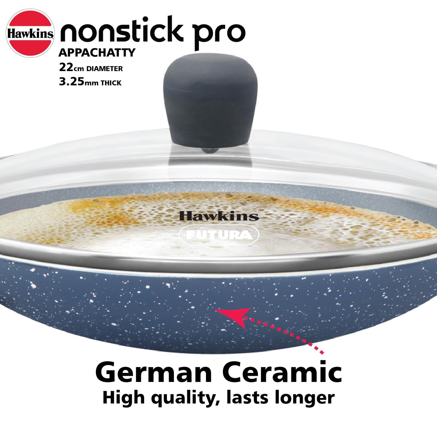 Hawkins Nonstick Pro 0.9 Litre Appachatty, Mini Kadhai, Appachatti, Appachetty, Appam Pot Maker, Deep Fry Pan with Glass Lid, Granite Kadai (CA09G)
