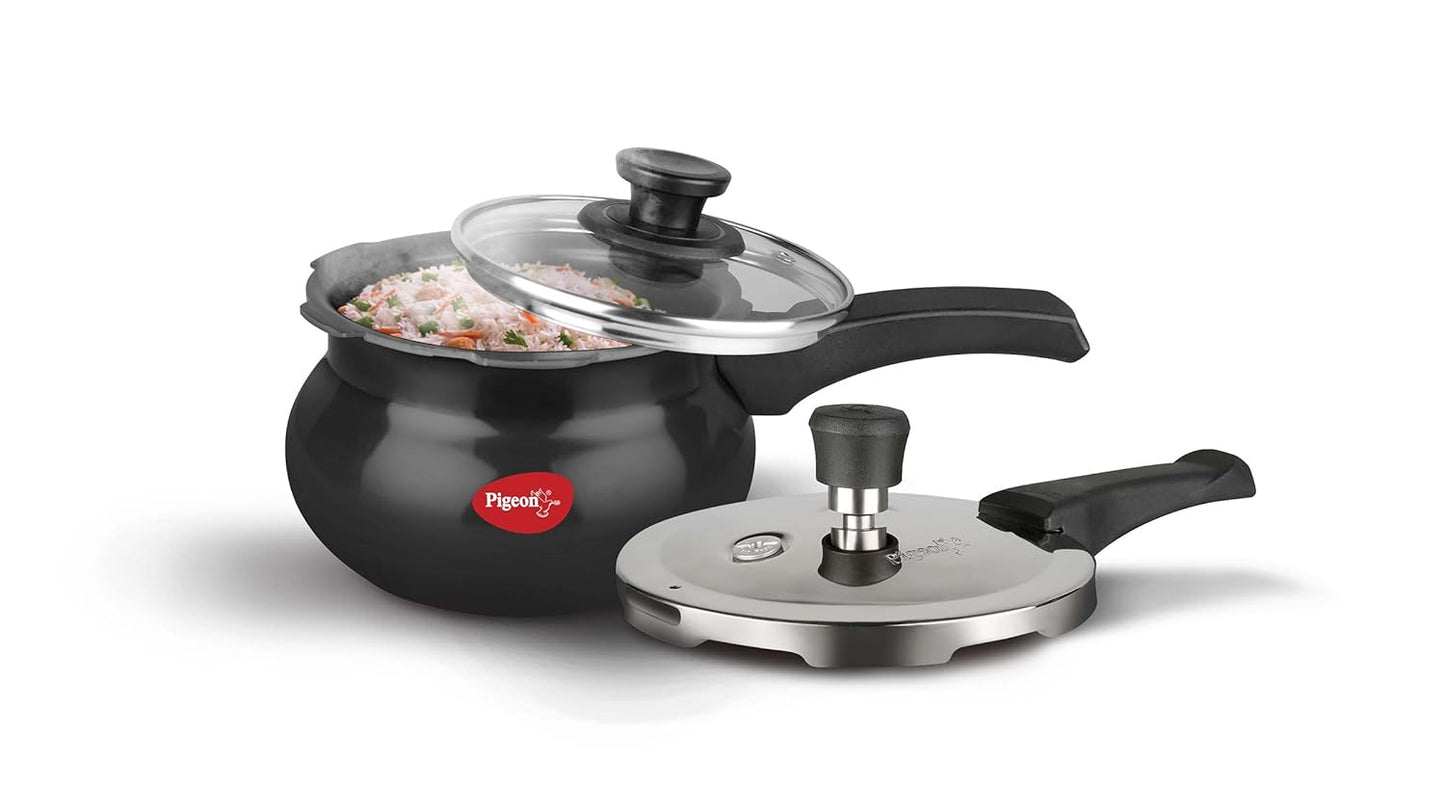 Pigeon by Stovekraft Titanium Hard Anodised Aluminium Outer Lid Handi Pressure Cooker, 2 Litres, Black