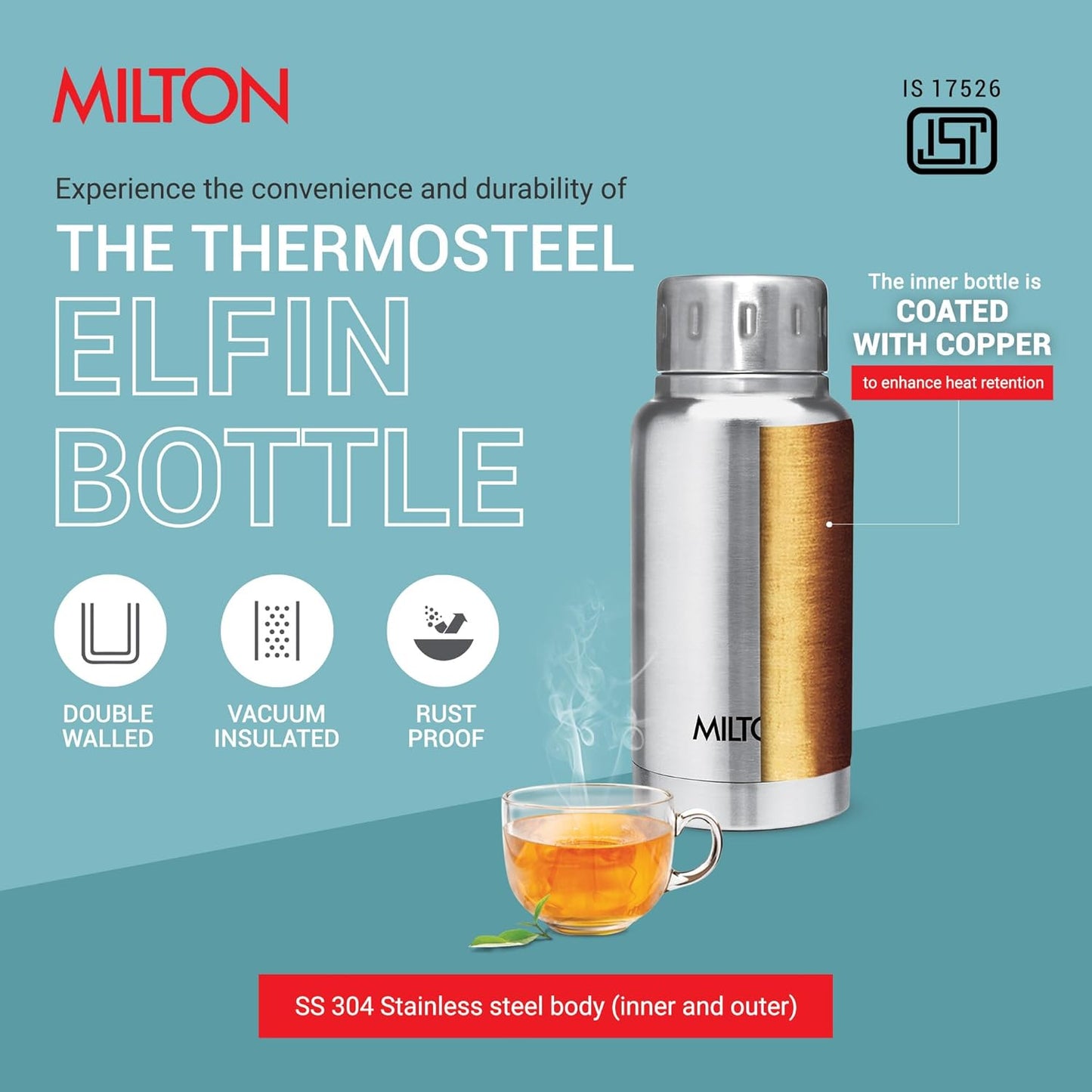 Milton Elfin 160 Thermosteel Water Bottle 160 ml, 24 Hr Hot and Cold I Leak Proof Lid, ISI Certified I Vacuum Insulated I for Office, Gym, School I Silver