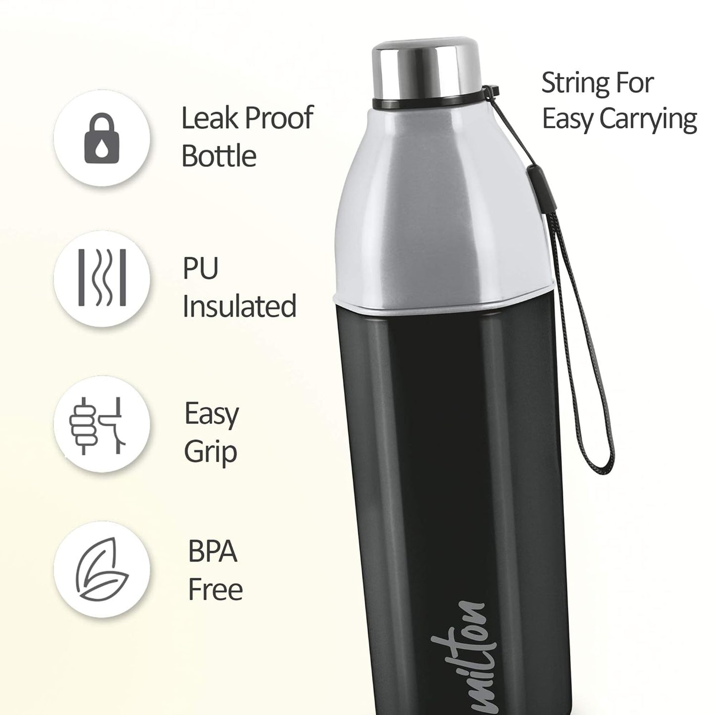 Milton Water Bottle Kool Hexone 1200 PU Insulated, 1.12 Litre, Leak Proof, BPA Free, Ideal for Home, Office, Gym, Travelling, Black