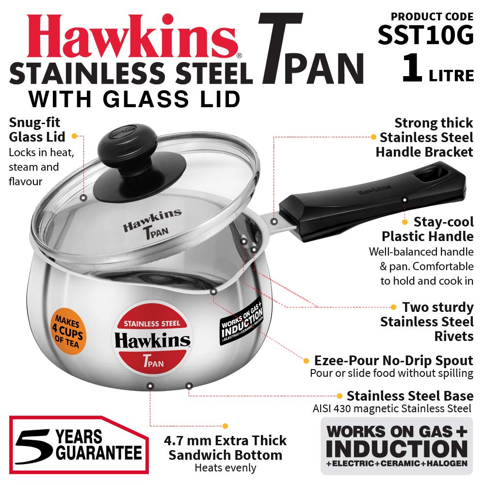 Hawkins 1 Litre Tpan, Stainless Steel Tea Pan with Glass Lid, Induction Sauce Pan, Chai Pan, Small Pan, Silver (SST10G)