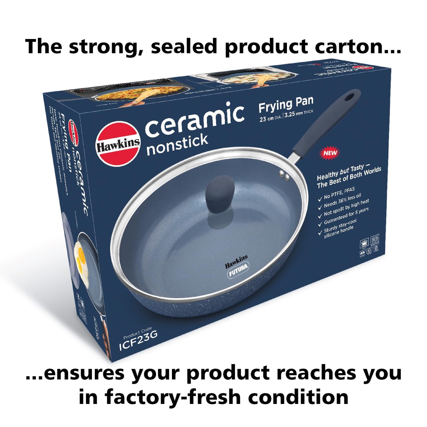 Hawkins Ceramic Nonstick Frying Pan, 24 cm Diameter, Induction Fry Pan with Glass Lid, Granite Omlette Egg Pan, Fish Pan, Blue (ICF24G)