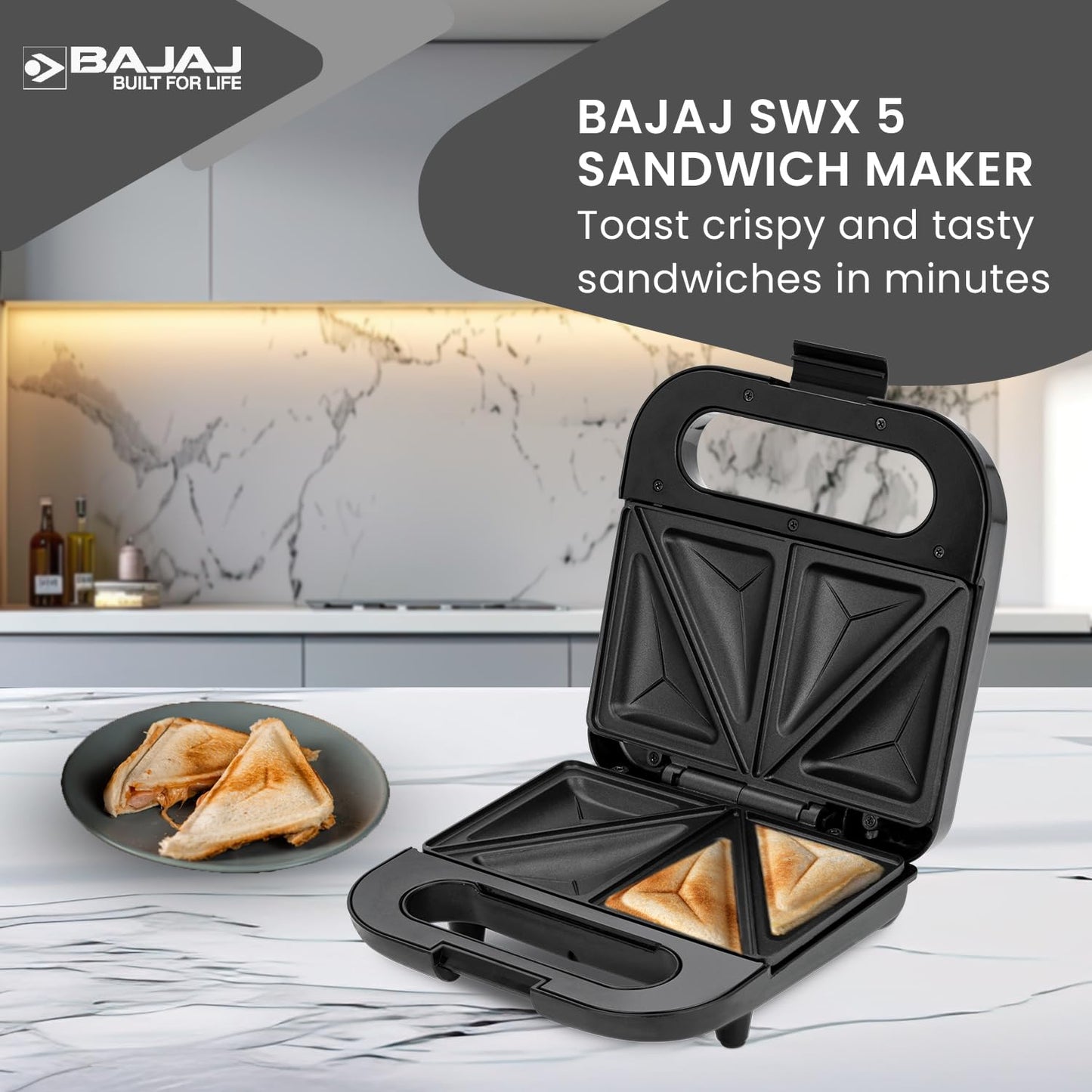 Bajaj SWX 5 800-Watt 2-Slice Sandwich Toaster | Non-Stick Coated Plates for Easy-to-Clean | Upright Compact Storage | Buckle Clips Lock | 2 Years Warranty 【Black】