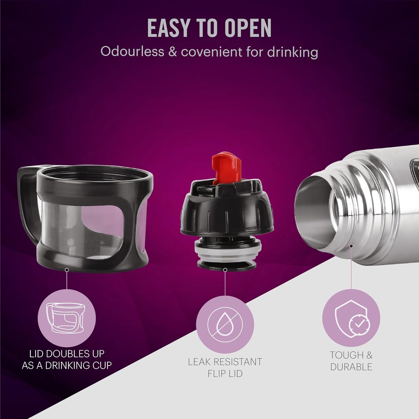 Cello Instyle Stainless Steel Vacuum Insulated Flask with Jacket 1000ml, Black | Hot & Cold Bottle, Cap doubles as Cup | Double Walled Silver Bottle for Home, Office, Travel | Steel Thermos Bottle 1L