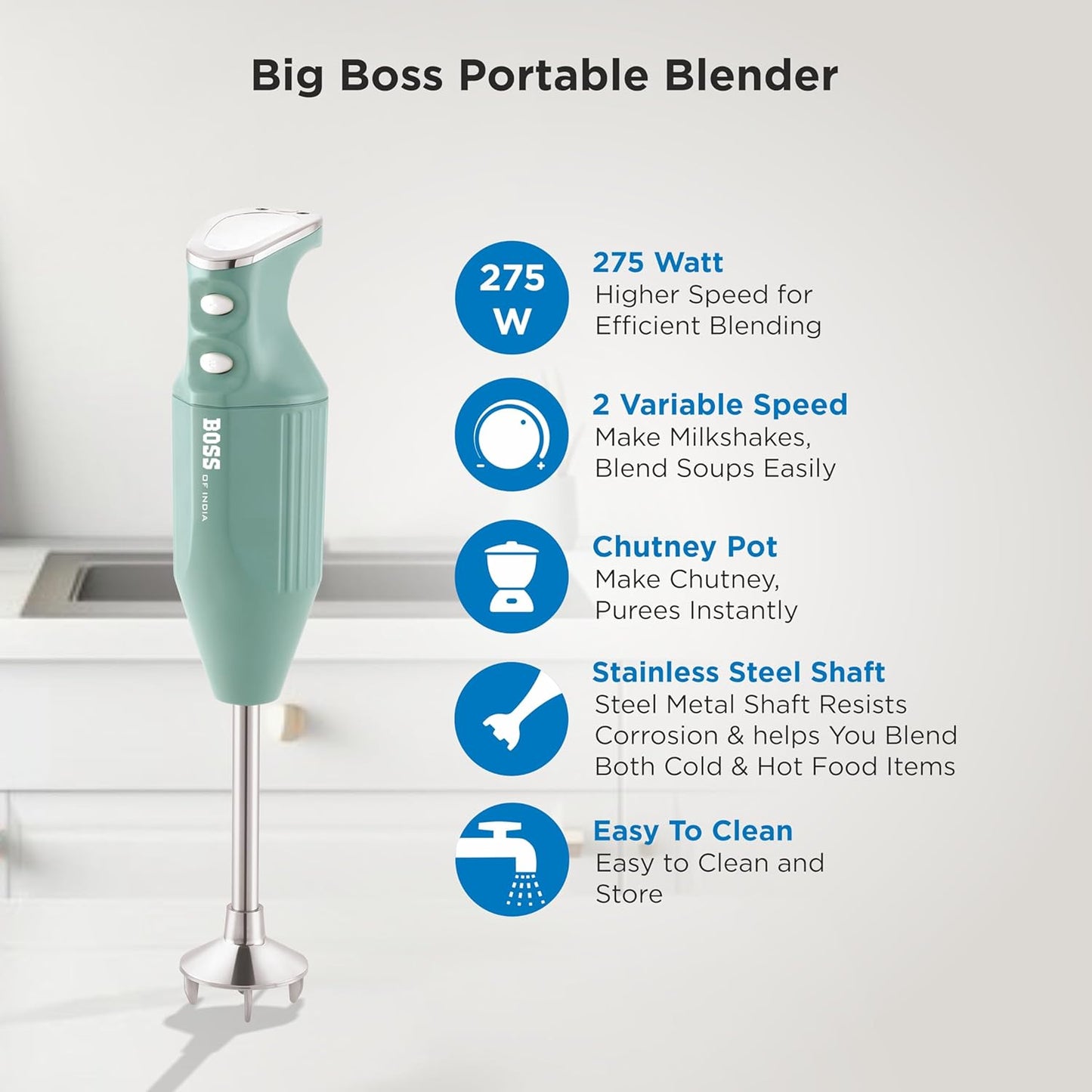 BOSS Stainless Steel Big Boss Portable Hand Blender | Powerful 275 Watts Motor | 5 Years Warranty* First In India | Variable Speed Control | Isi-Marked, Blue