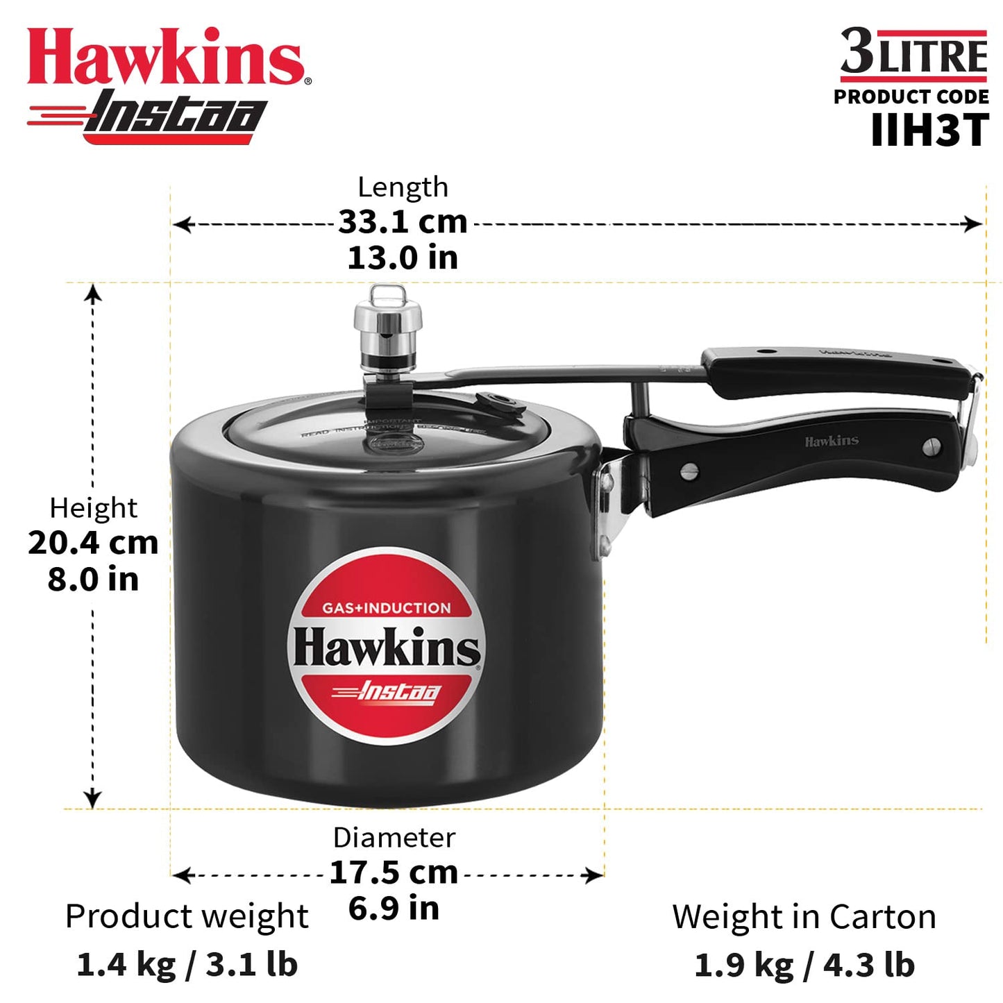 Hawkins 3 Litre Instaa Pressure Cooker, Induction Inner Lid Cooker, Tall Body Hard Anodised Cooker, Best Black Cooker, Black (IIH3T)