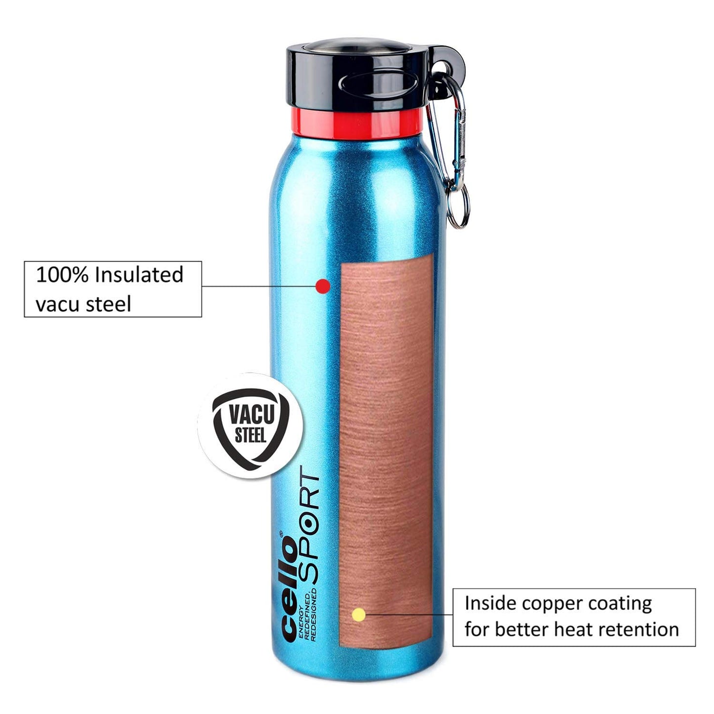 Cello Beatle Stainless Steel Double Walled Water Bottle, Hot and Cold, 1000ml, 1 Unit, Metallic Blue