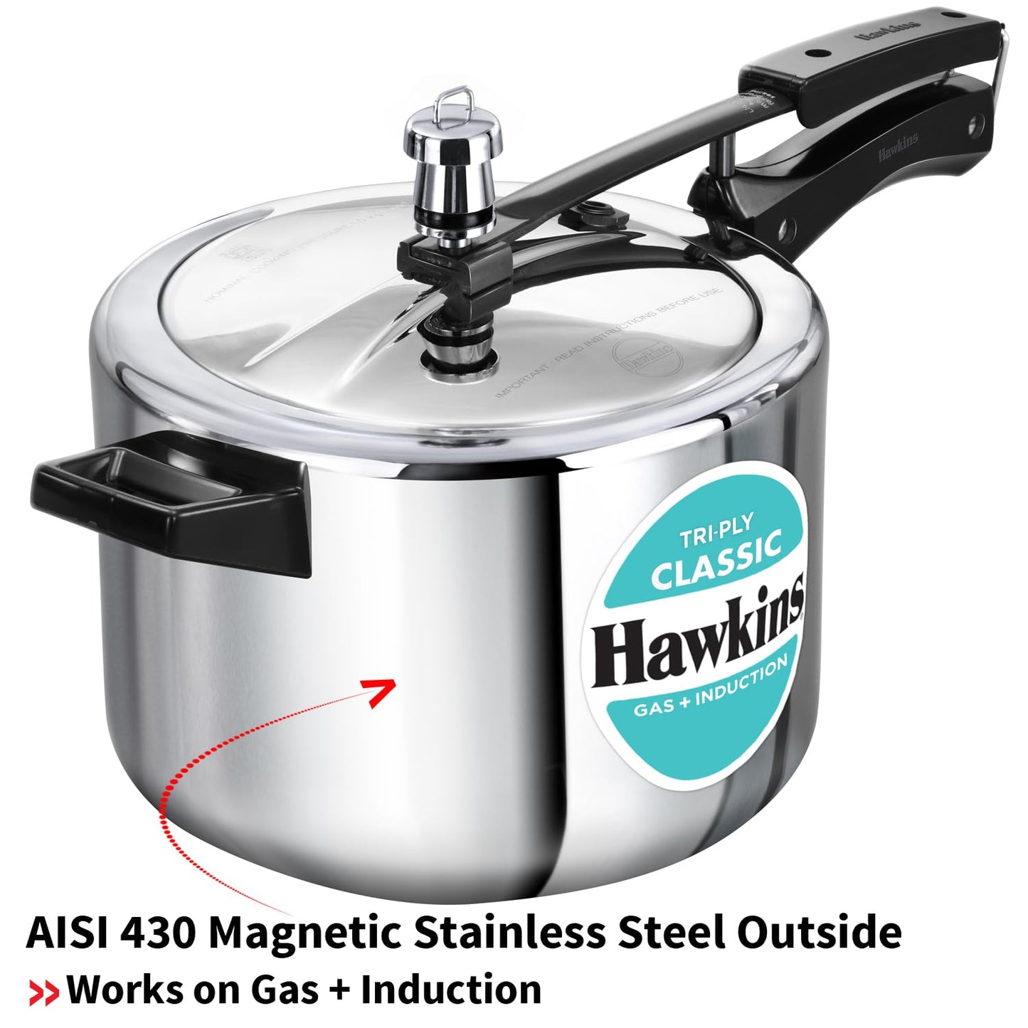 Hawkins Classic 5 Litre Tri-Ply Pressure Cooker, Triply Stainless Steel Inner Lid Cooker, Silver (SSTCL50)