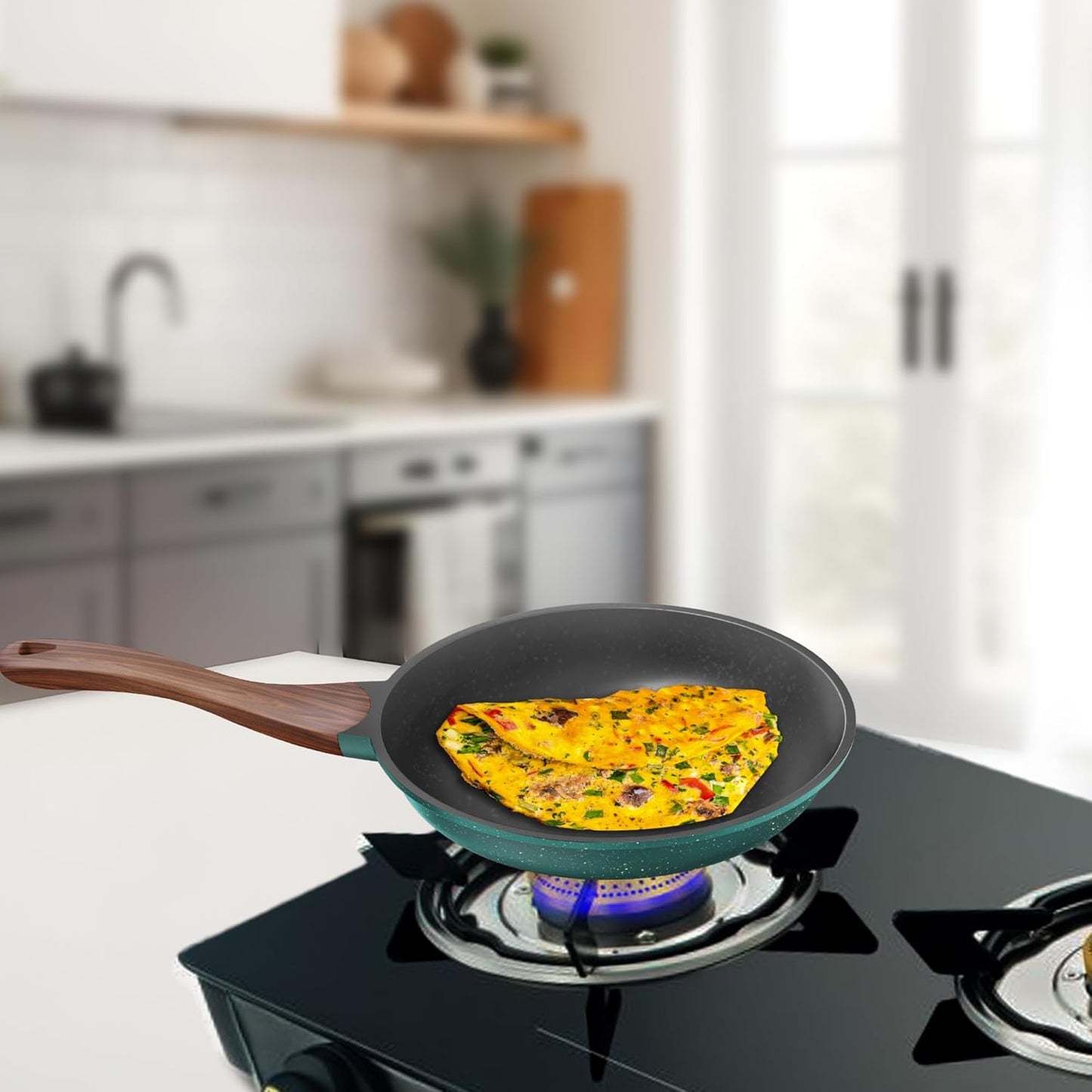 Preethi Artistic Collection Die Cast Non Stick Fry Pan, 24 cm,with Glass Lid, 5 Star Non Stick Effect, Cook & Serve, Ocean Green