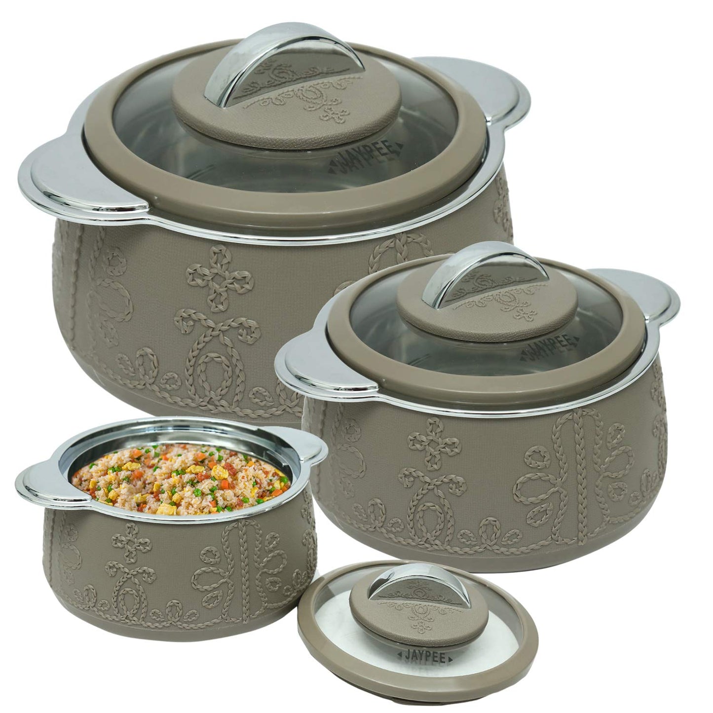 Jaypee Fabrene Serving Set Casserole Set of 3 PUF Insulated |Inner Stainless Steel |Anti Lock Lid Toughened Glass | Hot Box for Serve Chapatti, Dishes, 1000+1500+2000 ml, Beige