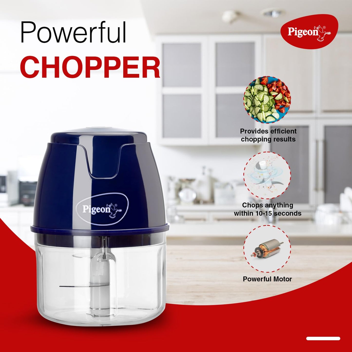 Pigeon Zoom Electric Rechargeable Chopper 250 ml, Portable with 3 Stainless Steel Blades for Effortlessly Chopping Vegetables and Fruits - Assorted Colours