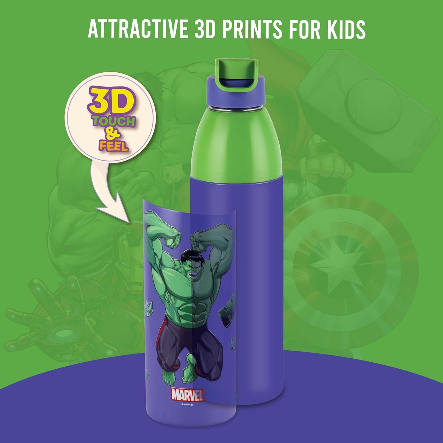 CELLO Kidzbee Uranus 900 Hulk Smash Water Bottle, 680ml, Purple | PU Insulation | 3D Touch & Feel Design School Bottle | Picnic Bottle | Leak Proof | Mix Designs - AssortedKids Bottle | Easy to Carry |