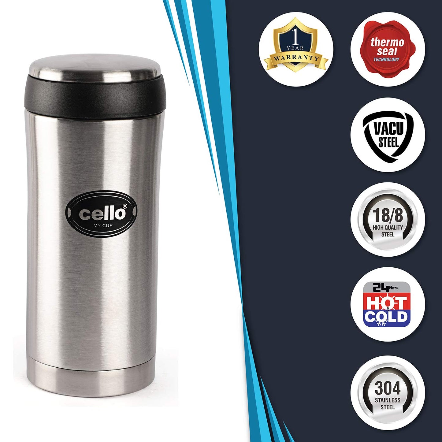 Cello My Cup Stainless Steel Water Bottle | Leak-Proof Cap & Wide Mouth Opening | Thermo Steel Technology | Ideal for Gym or Various Outdoor Activities Like Hiking, Trekking | 350ml- Silver