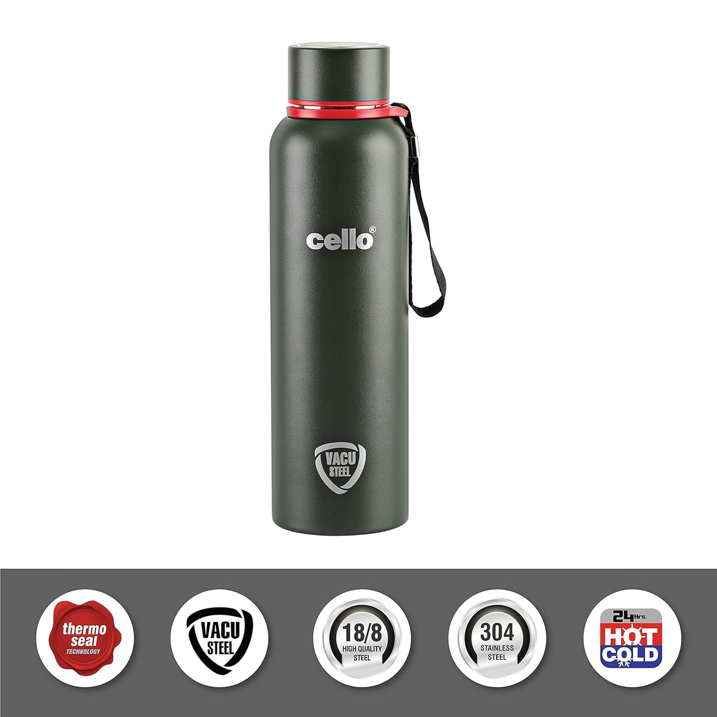 Cello Kent Stainless Steel Flask with DTP Coating, 900ml, Military Green | Prolonged Hours Hot and Cold Thermosteel Bottle | Flask for tea coffee | Ideal for Office, Gym, Home, Hiking, Travel Bottle