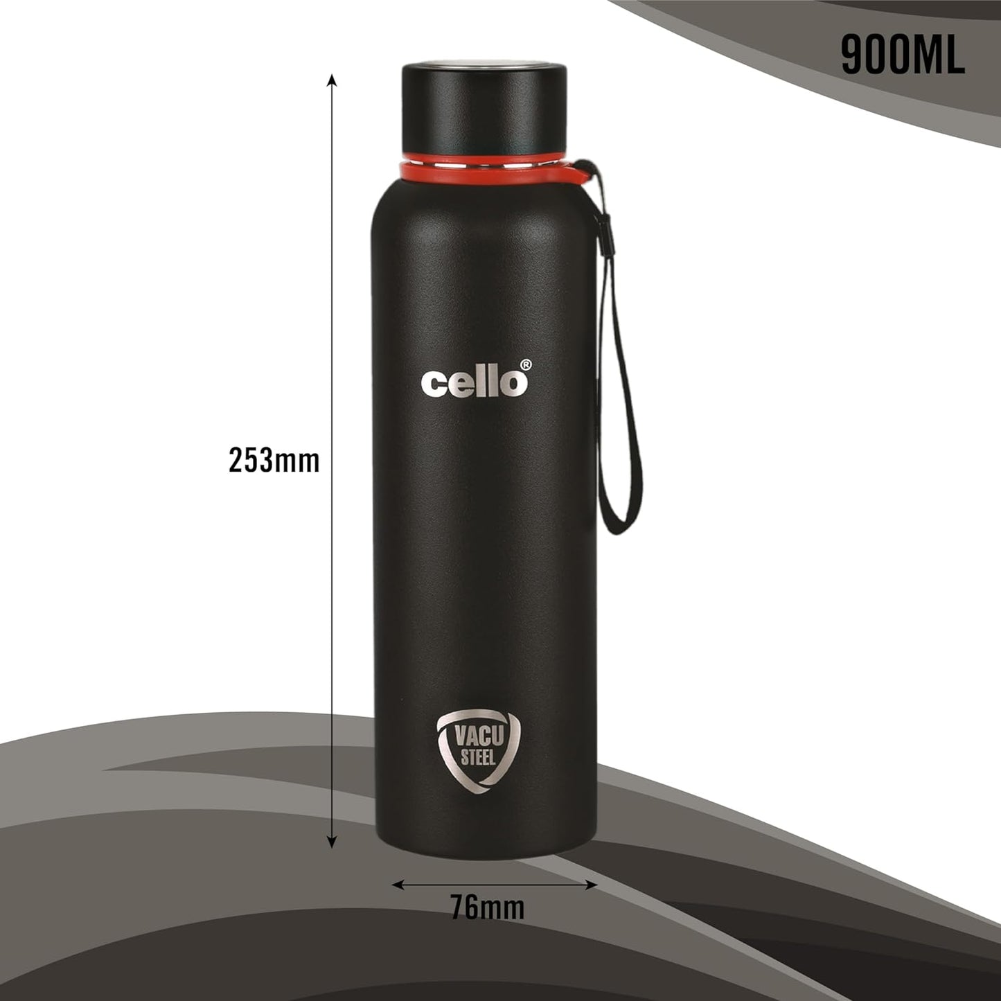 Cello Kent Stainless Steel Flask with DTP Coating, 900ml, Black | Prolonged Hours Hot and Cold Thermosteel Bottle | Flask for tea coffee | Ideal for Office, Gym, Home, Kitchen, Hiking, Travel Bottle