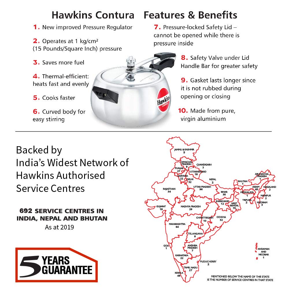 Hawkins 5 Litre Contura Pressure Cooker, Handi Inner Lid Cooker, Silver (HC50), Aluminium