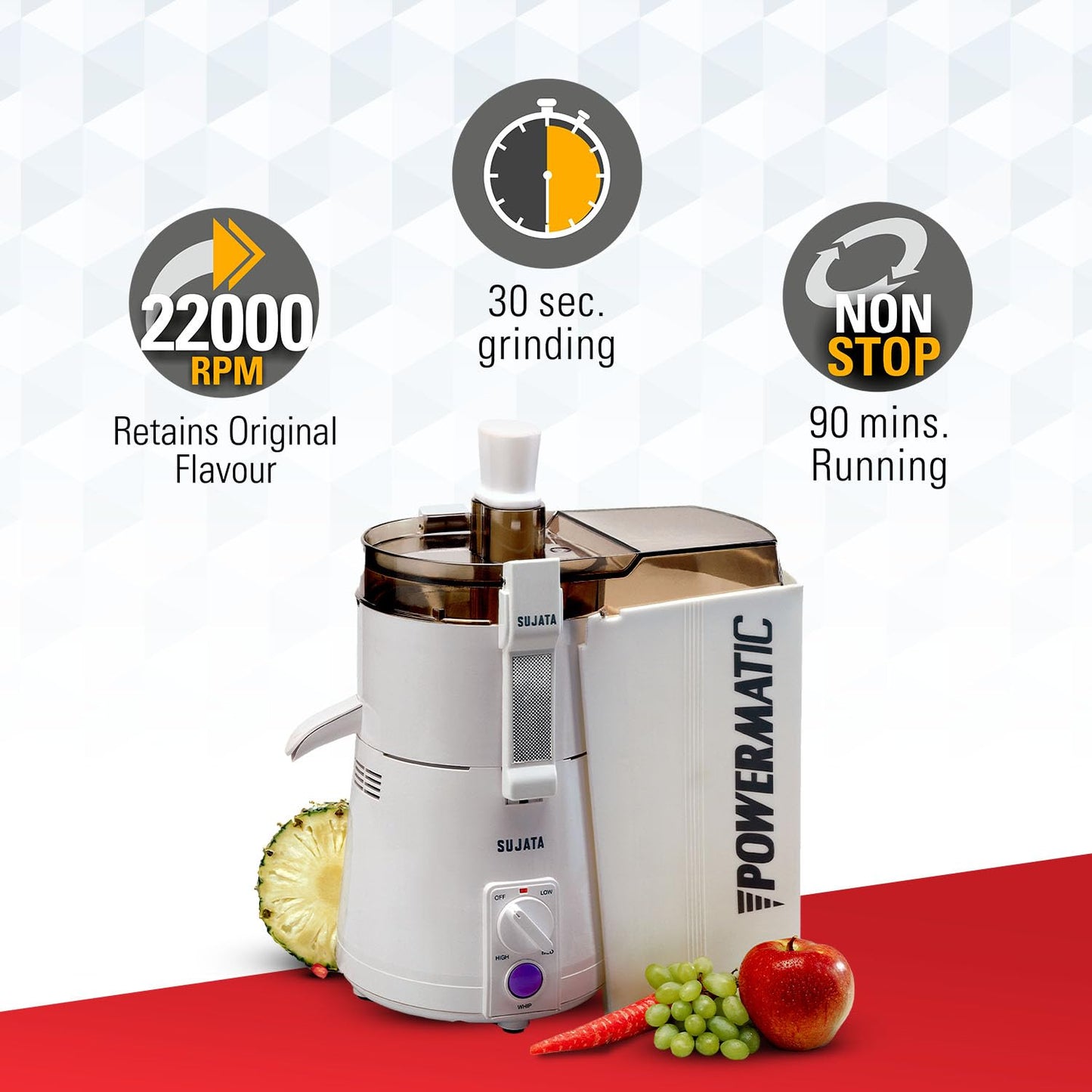 Sujata Powermatic 900 Watts Juicer | 22000 Rotations Per Min | 90 Minutes Continuous Running | Without Jar