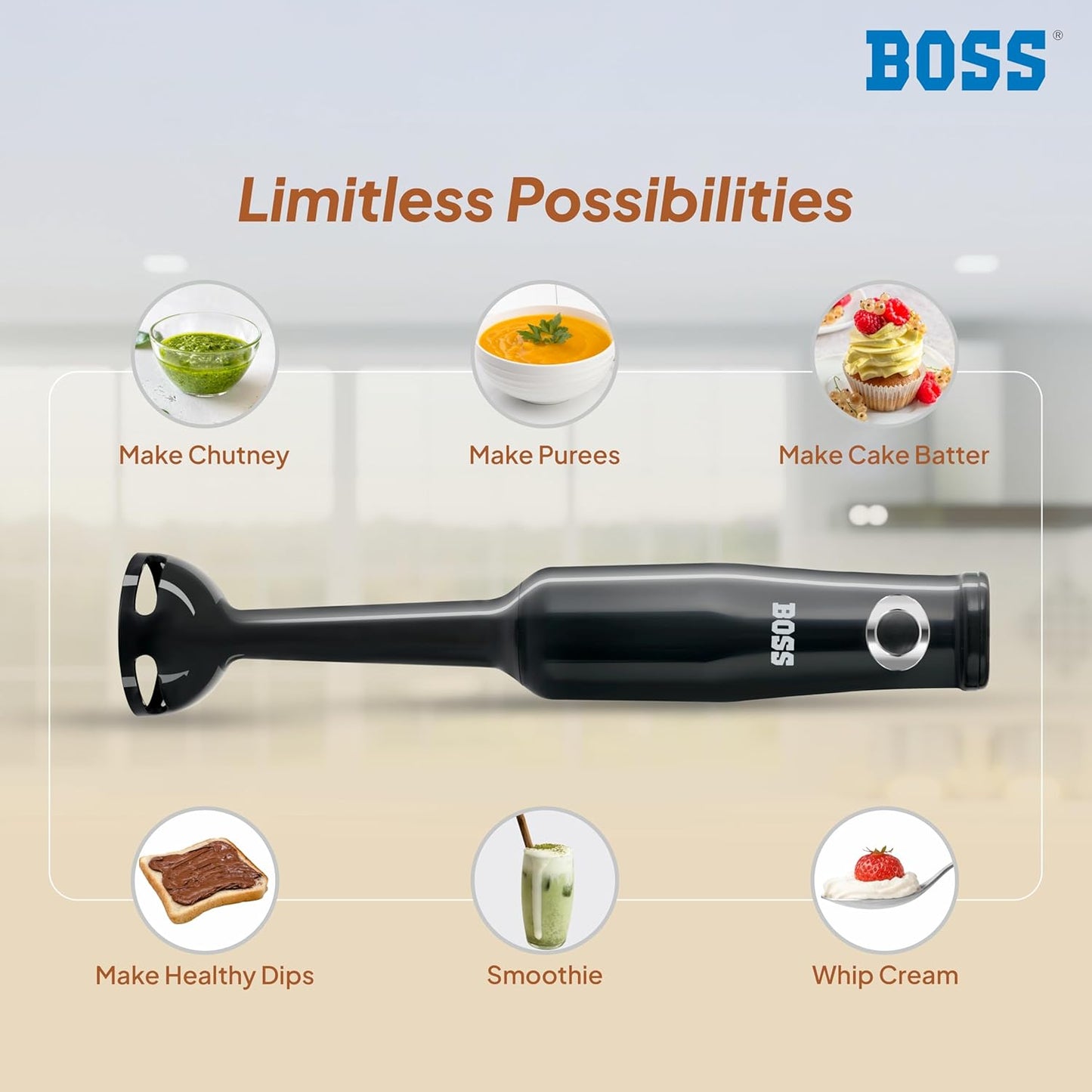 BOSS Classic+ Hand Blender 175W with 3 Stainless Steel Blades & 2 Year Warranty | Black