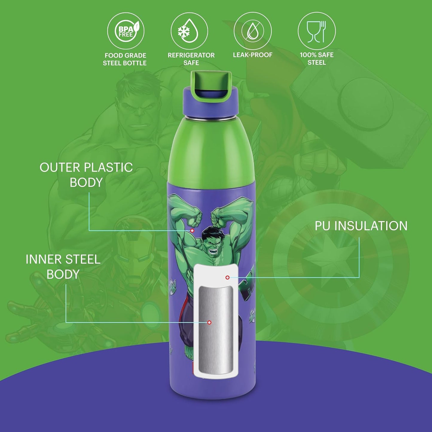 CELLO Kidzbee Uranus 900 Hulk Smash Water Bottle, 680ml, Purple | PU Insulation | 3D Touch & Feel Design School Bottle | Picnic Bottle | Leak Proof | Mix Designs - AssortedKids Bottle | Easy to Carry |