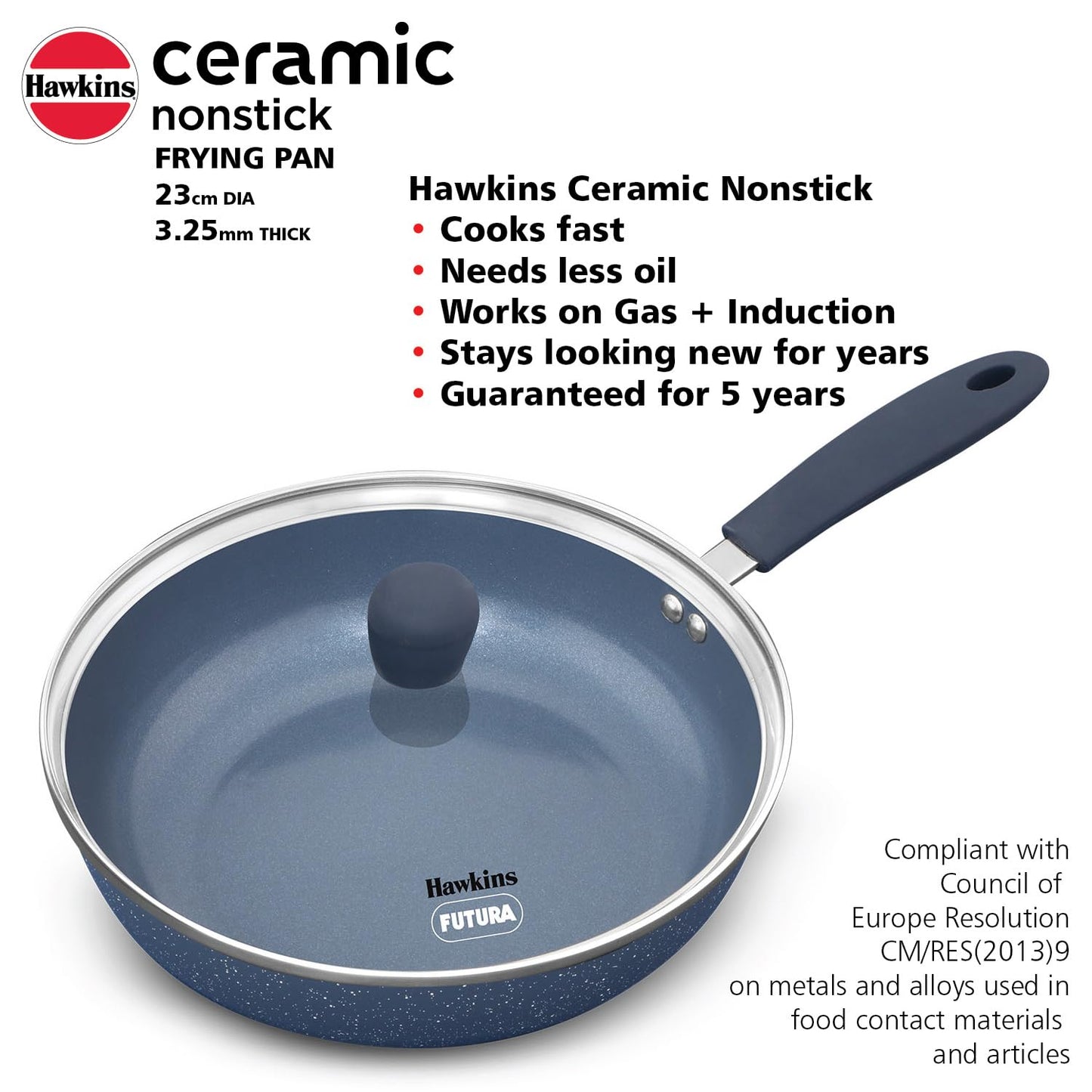 Hawkins Ceramic Nonstick Frying Pan, 24 cm Diameter, Induction Fry Pan with Glass Lid, Granite Omlette Egg Pan, Fish Pan, Blue (ICF24G)