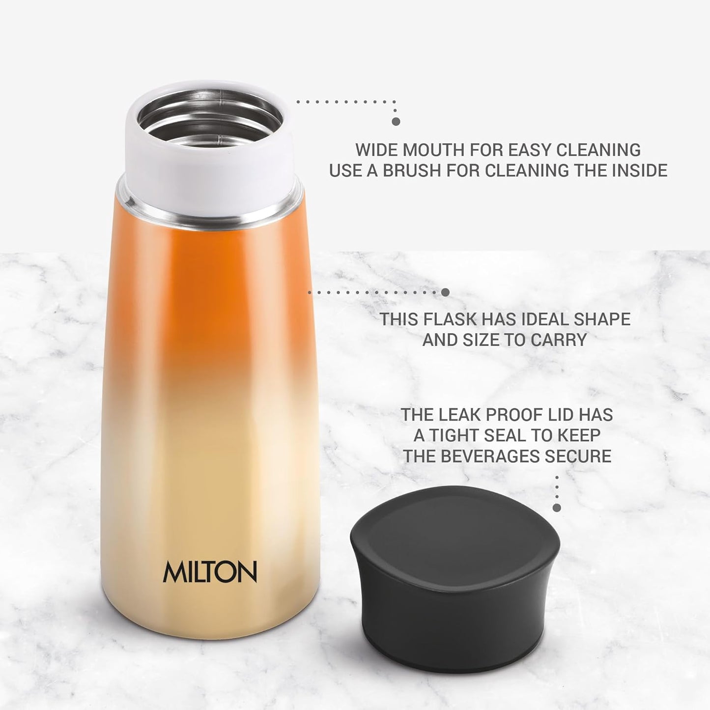 Milton Spectra 370 Thermosteel Hot and Cold Flask, 1 Piece, 370 ml, Orange/Yellow| Insulated Flask | Leak Proof | Soup Flask | Juice Flask | Thermos | Long Hours Hot and Cold