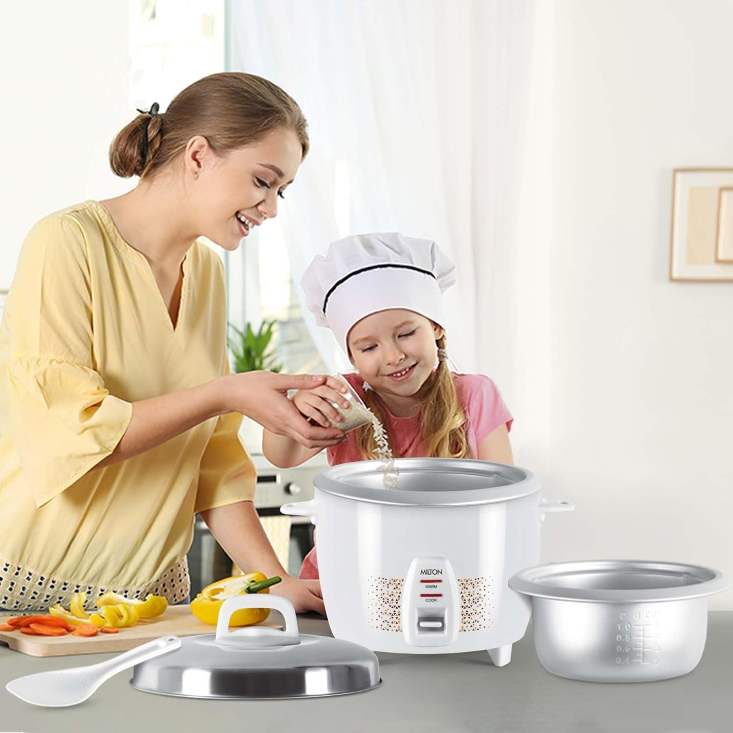 MILTON Euroline Prime 1.8 Liter Electric Rice Cooker With Additional Cooking Bowl, 700 Watt, White