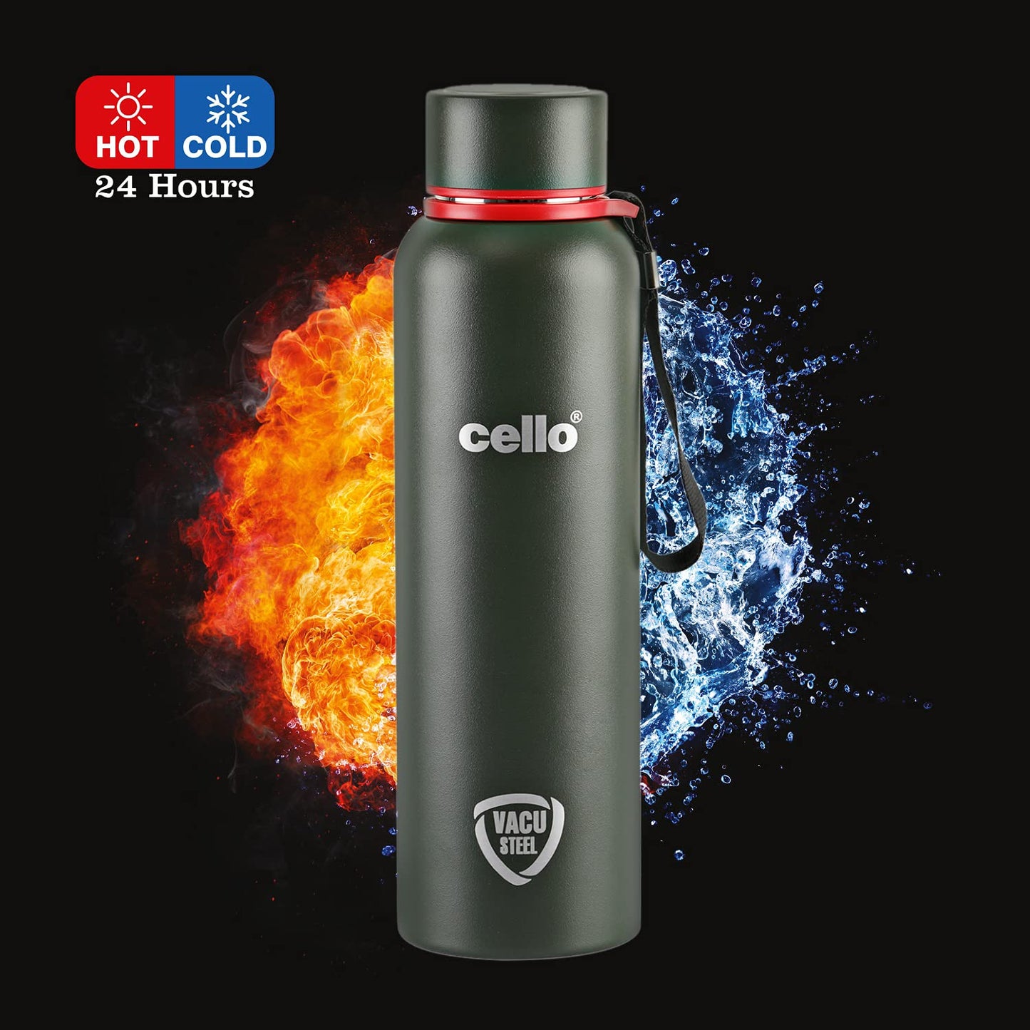 Cello Kent Stainless Steel Flask with DTP Coating, 900ml, Military Green | Prolonged Hours Hot and Cold Thermosteel Bottle | Flask for tea coffee | Ideal for Office, Gym, Home, Hiking, Travel Bottle