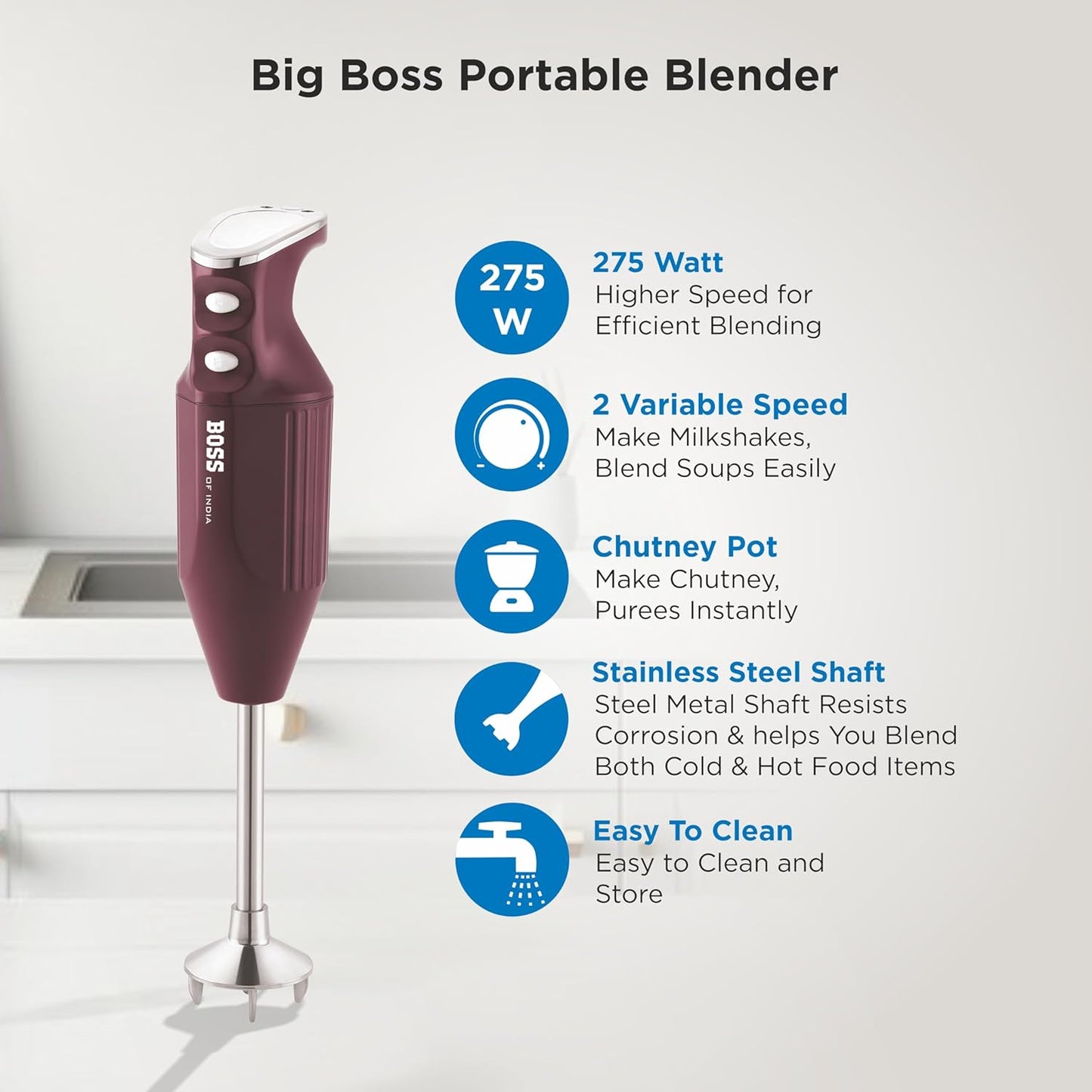 BOSS B136 Big Boss Portable Hand Blender | Powerful 275 W Motor | 5 Years Warranty* First In India | Variable Speed Control | Isi-Marked, Wine, 275 Watts