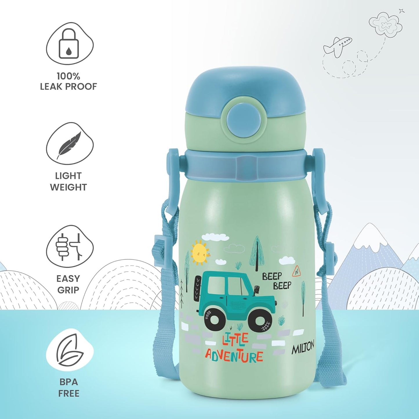 MILTON Torque 450 Car Stainless Steel Kids Water Bottle, 460 ml, Assorted Colours