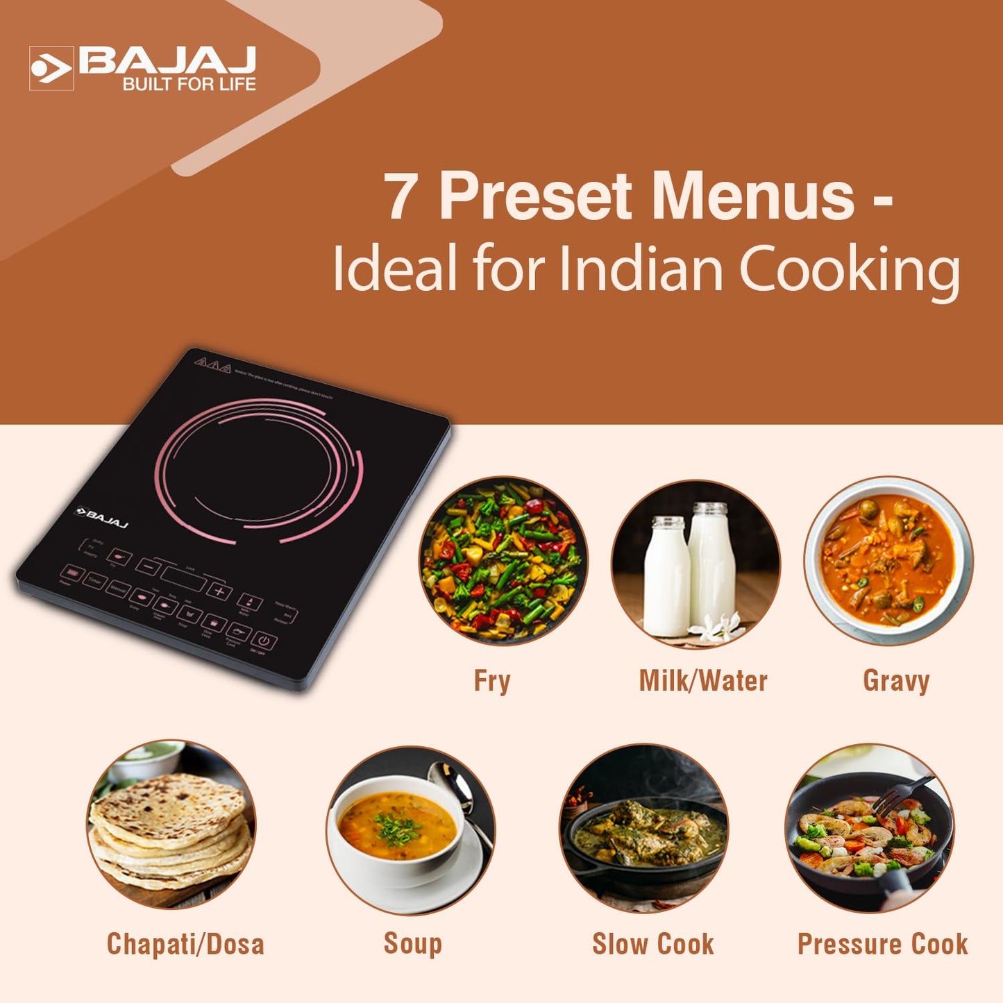 Bajaj ICX 200FP 2000 W Induction Cooktop | 7 Pre-Set Menus | Digital Display | Cool Touch Surface | 1 Year Warranty 【Black 】