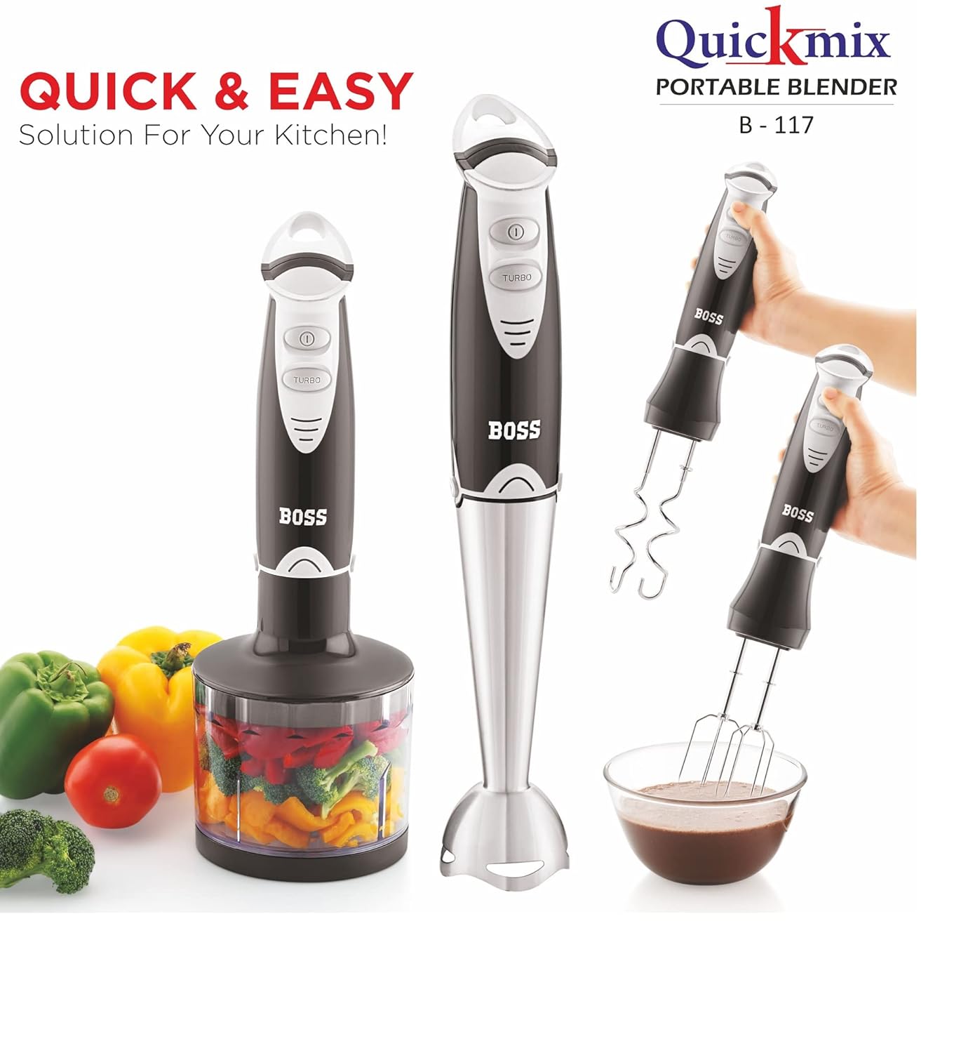 BOSS B117 Quickmix Hand Blender With Beater & Chopper Attachment, 450W, 1 Measuring Jar (Black), 450 Watt