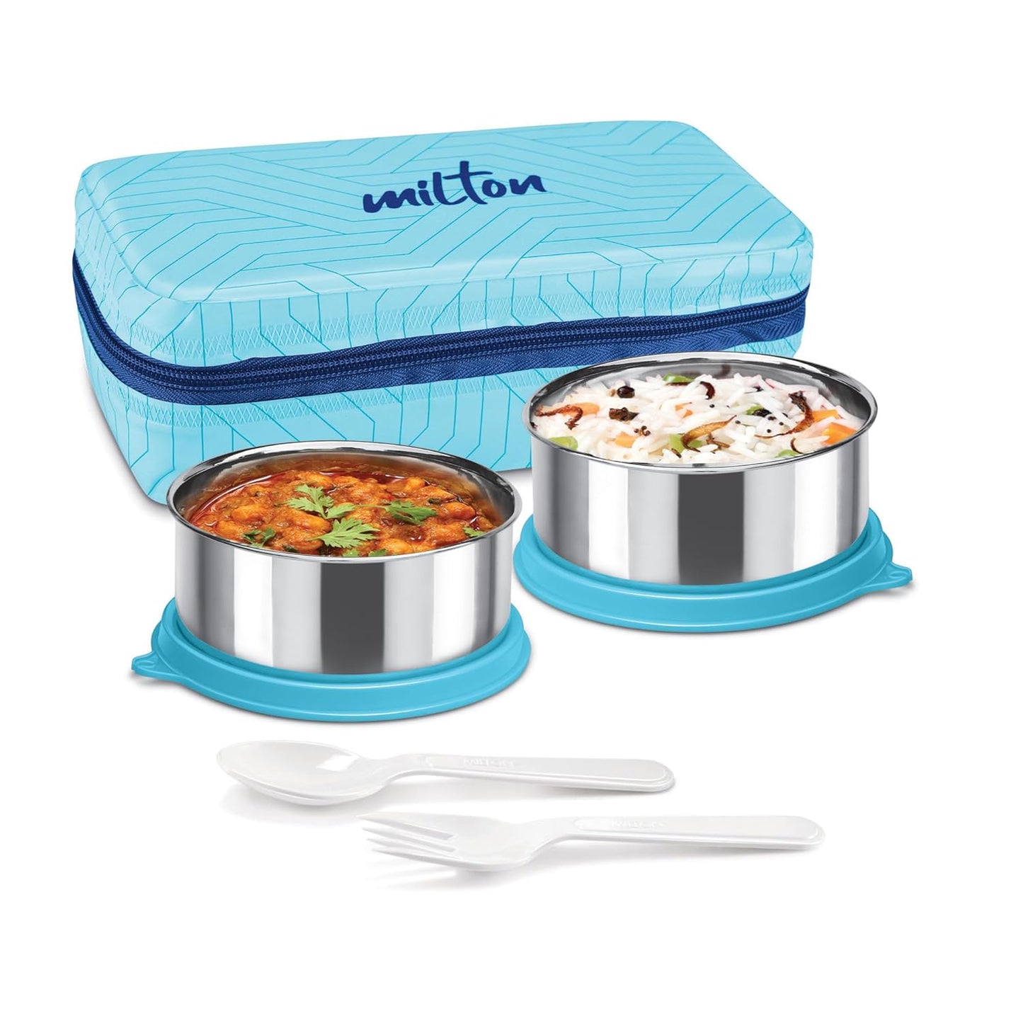 MILTON Mini Lunch Prime Tiffin with Unisex Bag, 2 Stainless Steel Containers 300 ml Each, with Plastic Cutleries, Leak-Proof Lunch Box for Office, School, College, Blue