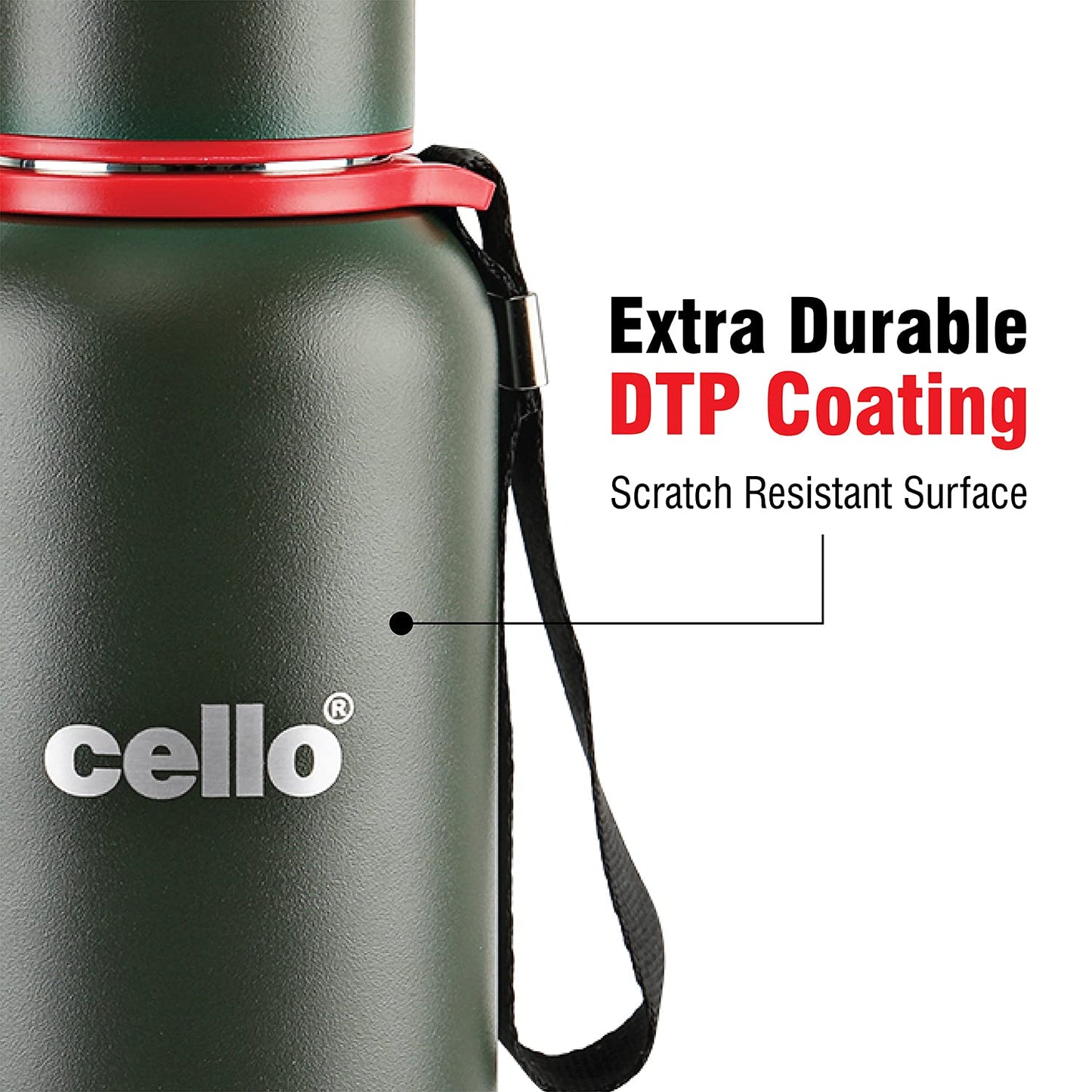 Cello Kent Stainless Steel Flask with DTP Coating, 900ml, Military Green | Prolonged Hours Hot and Cold Thermosteel Bottle | Flask for tea coffee | Ideal for Office, Gym, Home, Hiking, Travel Bottle