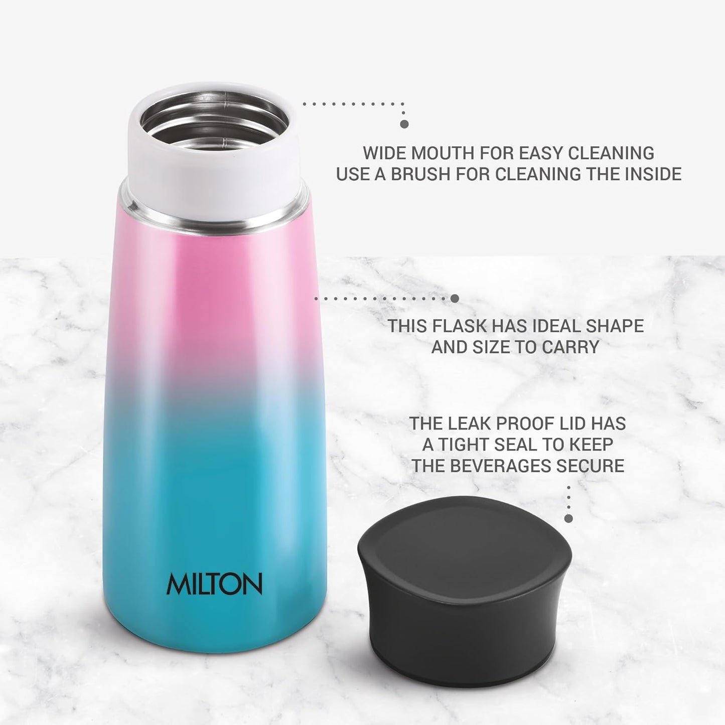 Milton Spectra 370 Thermosteel Hot and Cold Flask, 1 Piece, 370 ml, Pink/Blue| Insulated Flask | Leak Proof | Soup Flask | Juice Flask | Thermos | Long Hours Hot and Cold