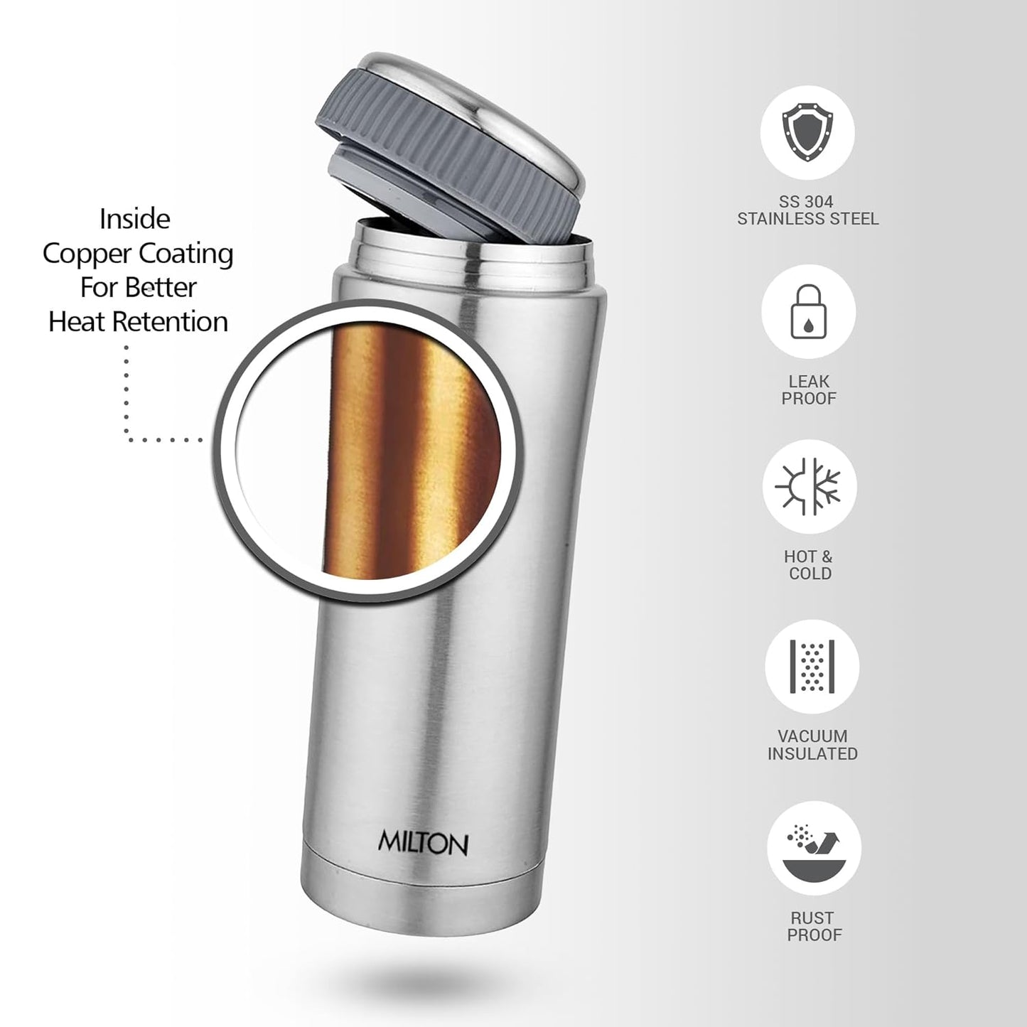 Milton Optima 350 Thermosteel Hot and Cold Flask, 340 ml, Silver | Vacuum Insulated | Rust Proof | Leak Proof | Tea | Coffee | Juice