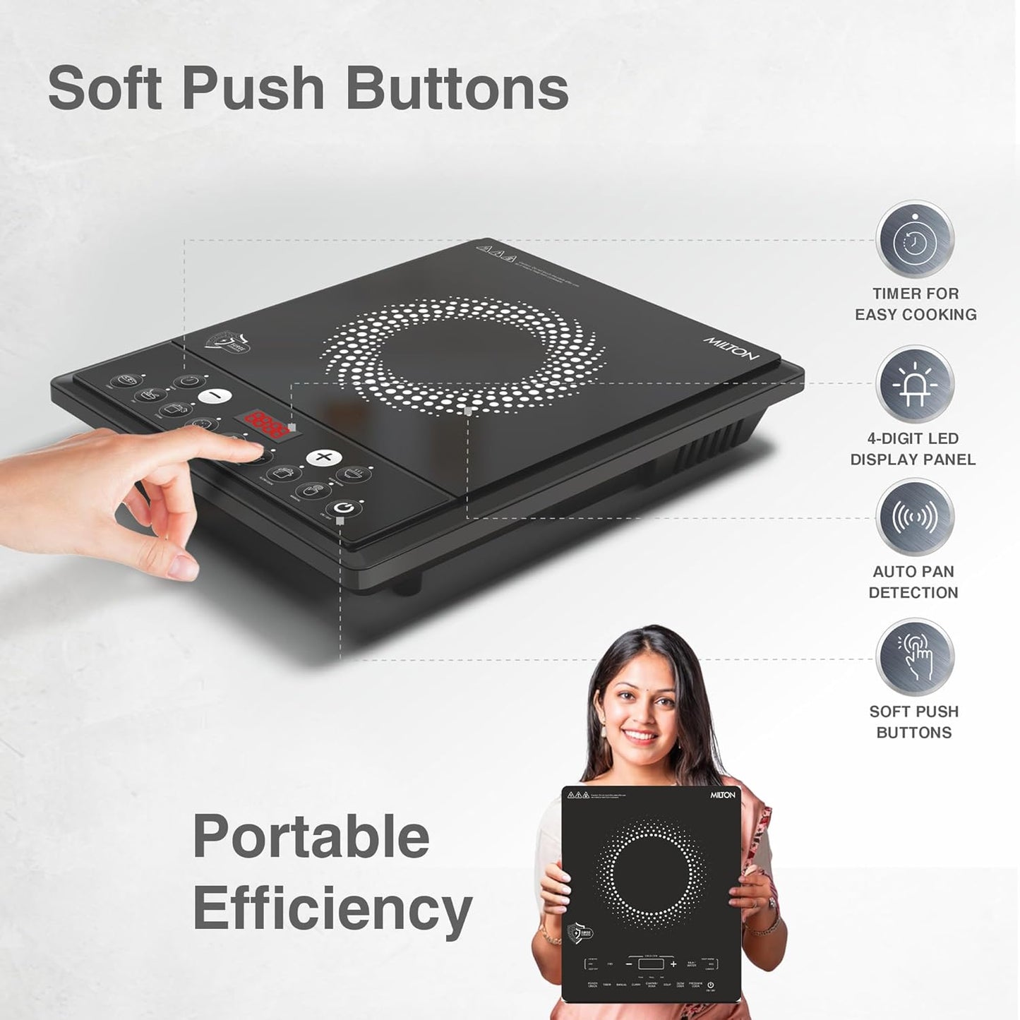 Milton Elio 21.0 Portable Induction Cooktop | LED Display Panel, 5KV Surge Protection I Timer & Preset Menu Functions | 2100 W Push Button| Fast Cooking | 3-Year Warranty on Coil