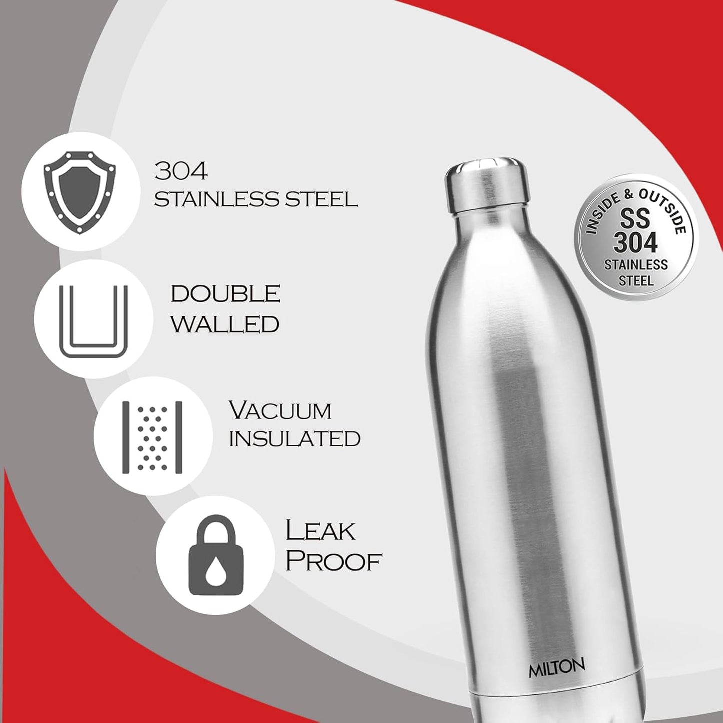 Milton Duo DLX 1800 Thermosteel Water Bottle 1.8 Litre, 24 Hr Hot and Cold I Leak Proof Lid, ISI Certified I Vacuum Insulated I for Office, Gym, School I Silver