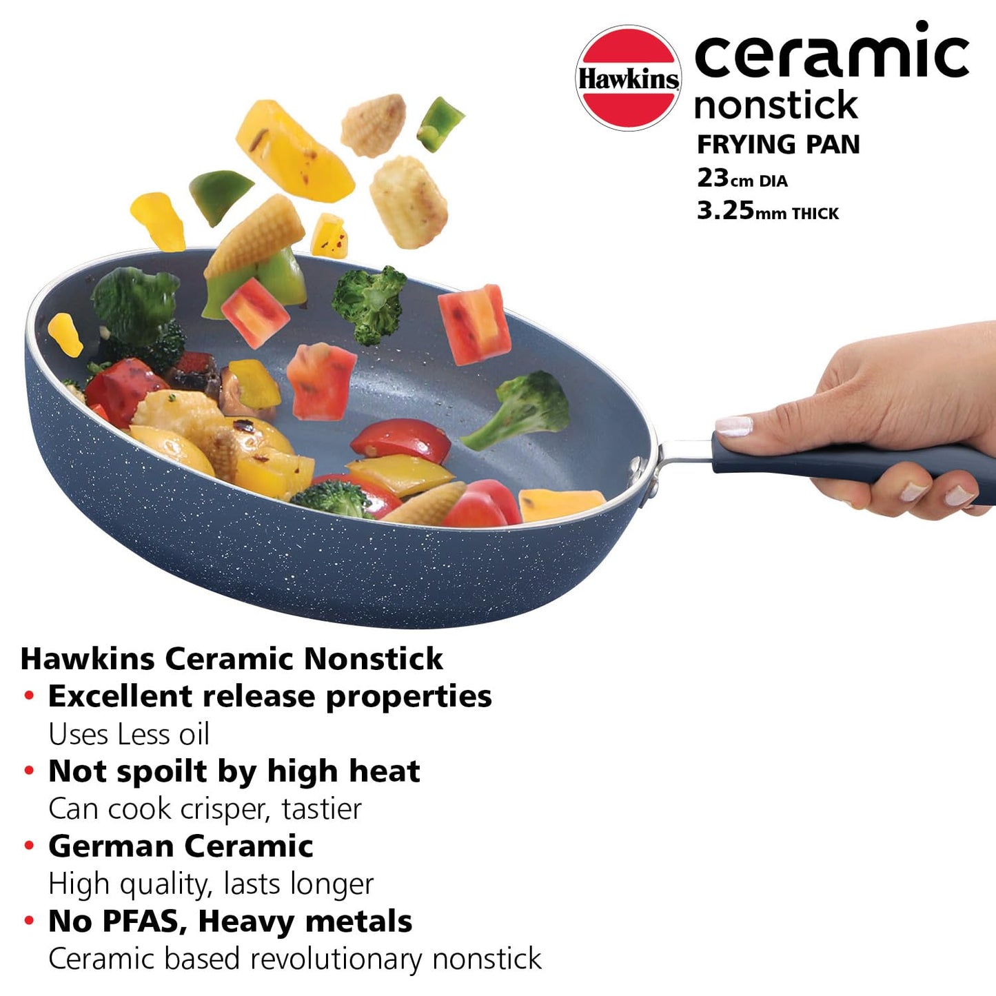 Hawkins Ceramic Nonstick Frying Pan, 24 cm Diameter, Induction Fry Pan with Glass Lid, Granite Omlette Egg Pan, Fish Pan, Blue (ICF24G)