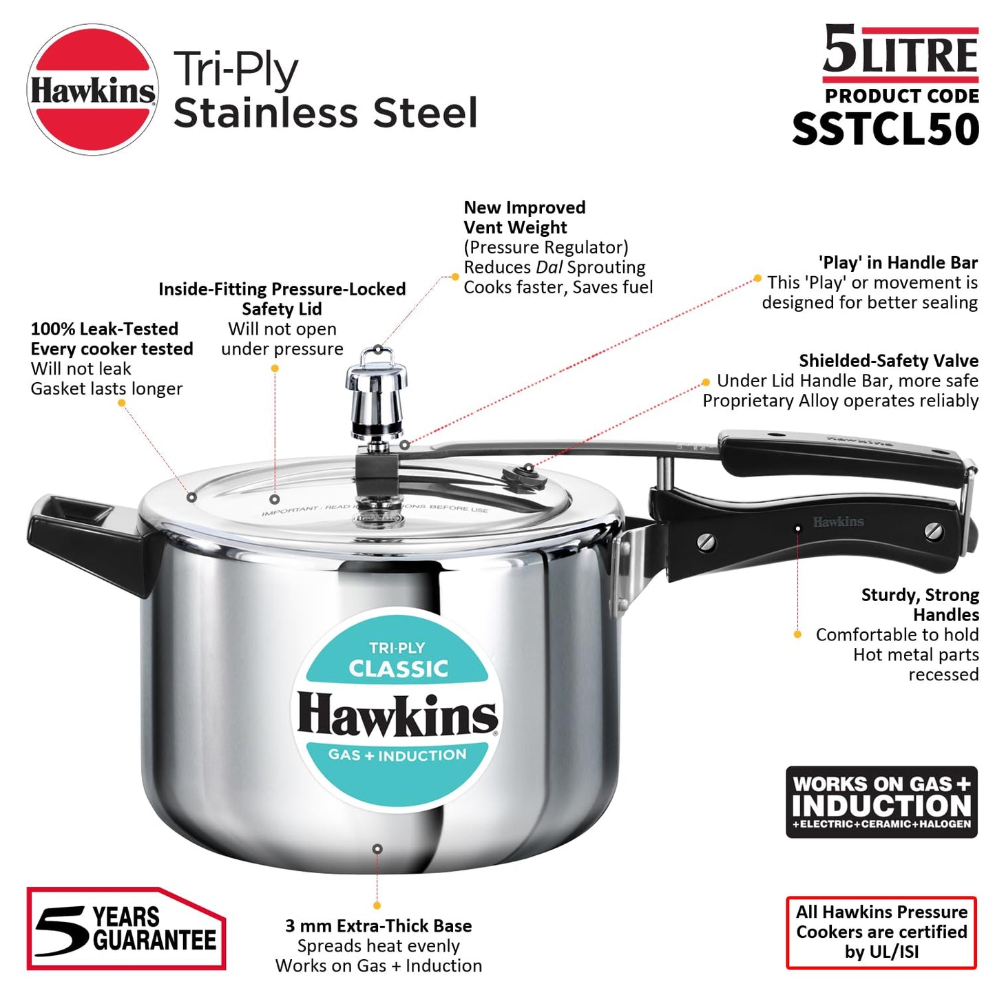 Hawkins Classic 5 Litre Tri-Ply Pressure Cooker, Triply Stainless Steel Inner Lid Cooker, Silver (SSTCL50)