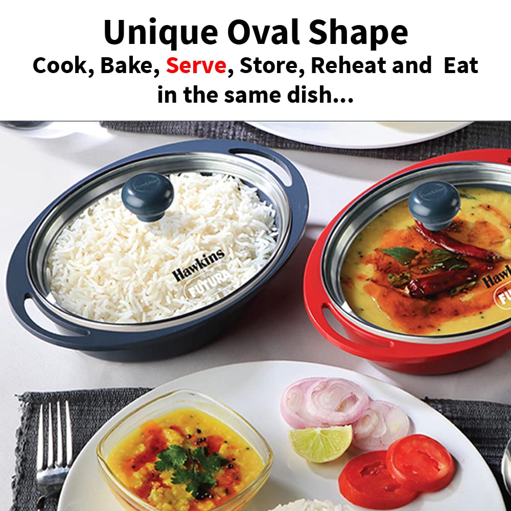 Hawkins 0.75 Litre Mini Casserole with Glass Lid, Oval Shaped Die-Cast pan for Cooking, Reheating, Serving and Storing, Grey (DCG75G)