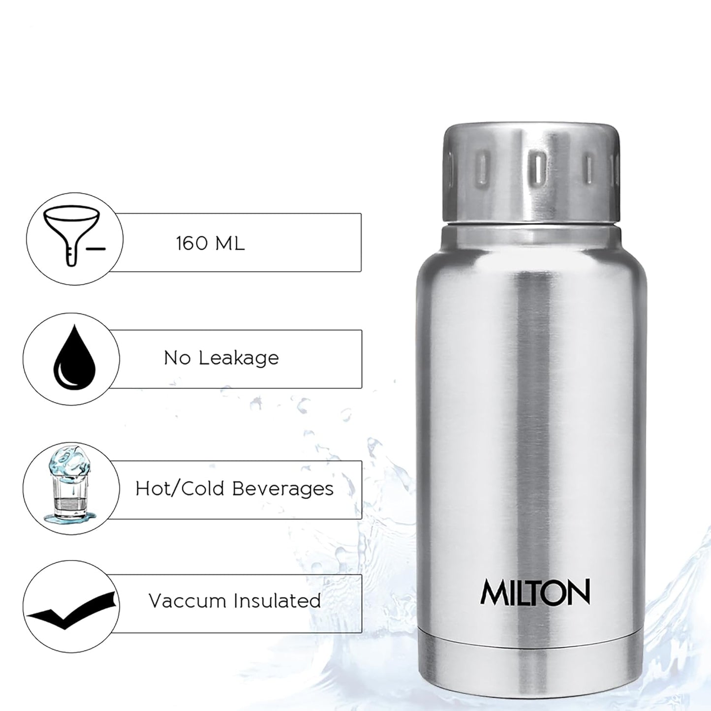 Milton Elfin 160 Thermosteel Water Bottle 160 ml, 24 Hr Hot and Cold I Leak Proof Lid, ISI Certified I Vacuum Insulated I for Office, Gym, School I Silver