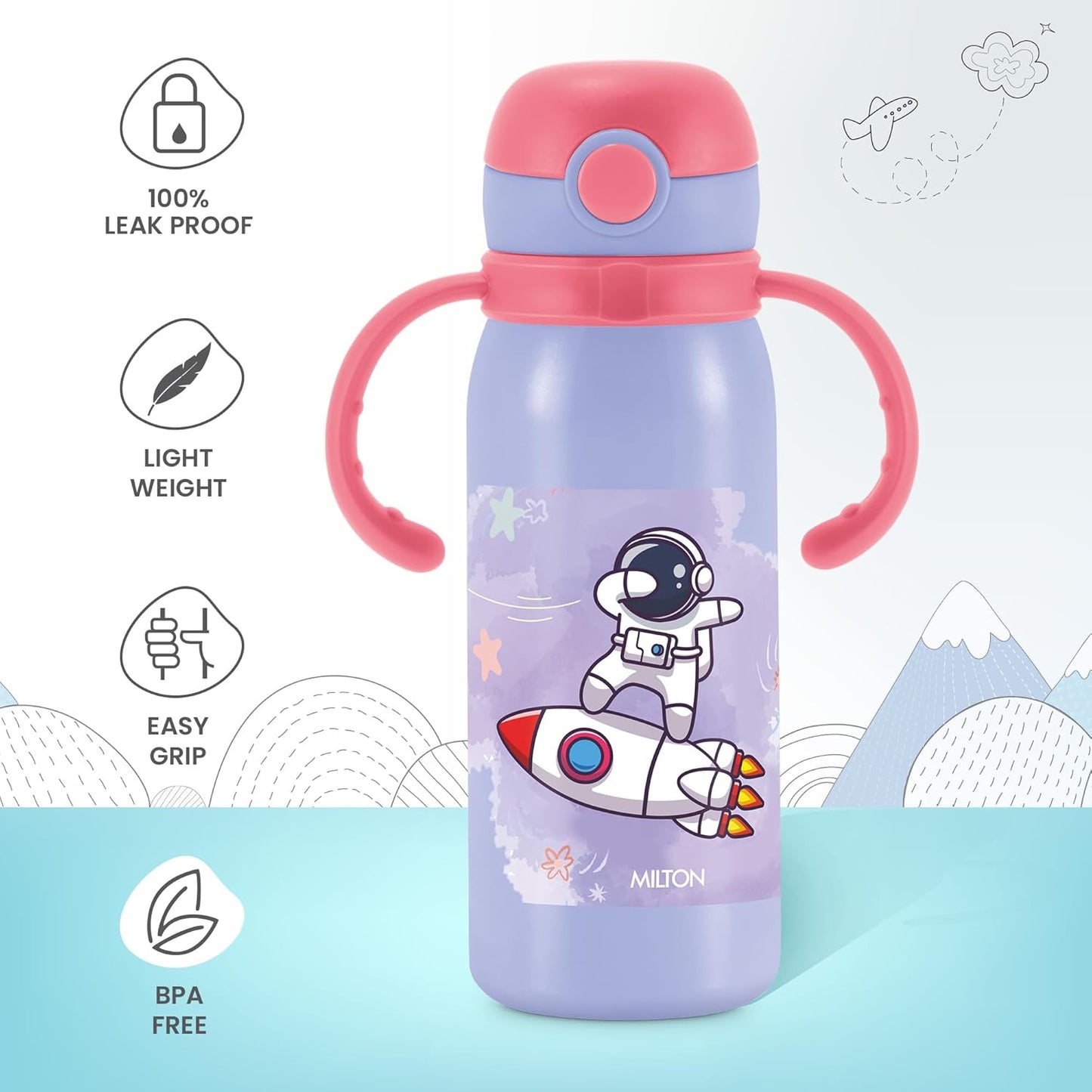 MILTON Fountain 650 Astronaut Stainless Steel Kids Water Bottle, 630 ml, Purple | Single walled | Leak Proof| Easy to Carry | Sipper Bottle | School | Picnic | Travel