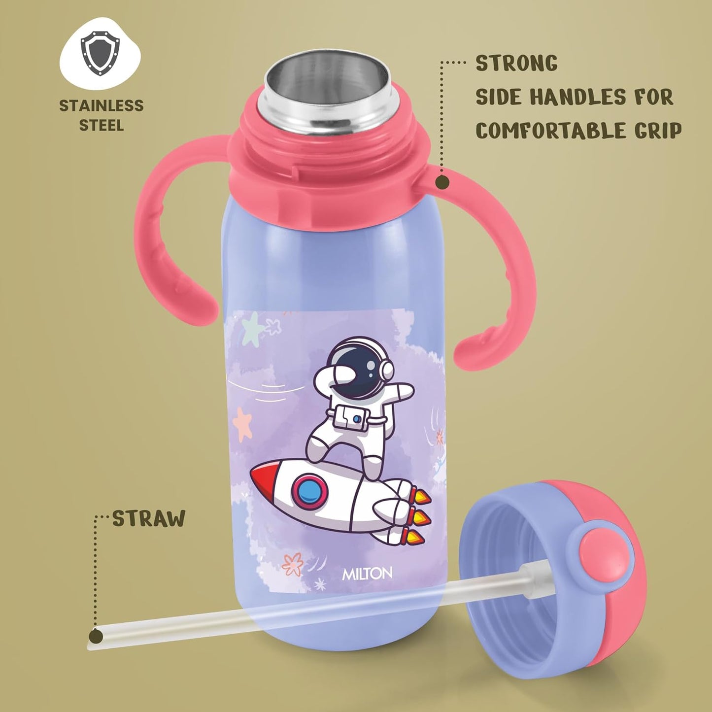 MILTON Fountain 650 Astronaut Stainless Steel Kids Water Bottle, 630 ml, Purple | Single walled | Leak Proof| Easy to Carry | Sipper Bottle | School | Picnic | Travel